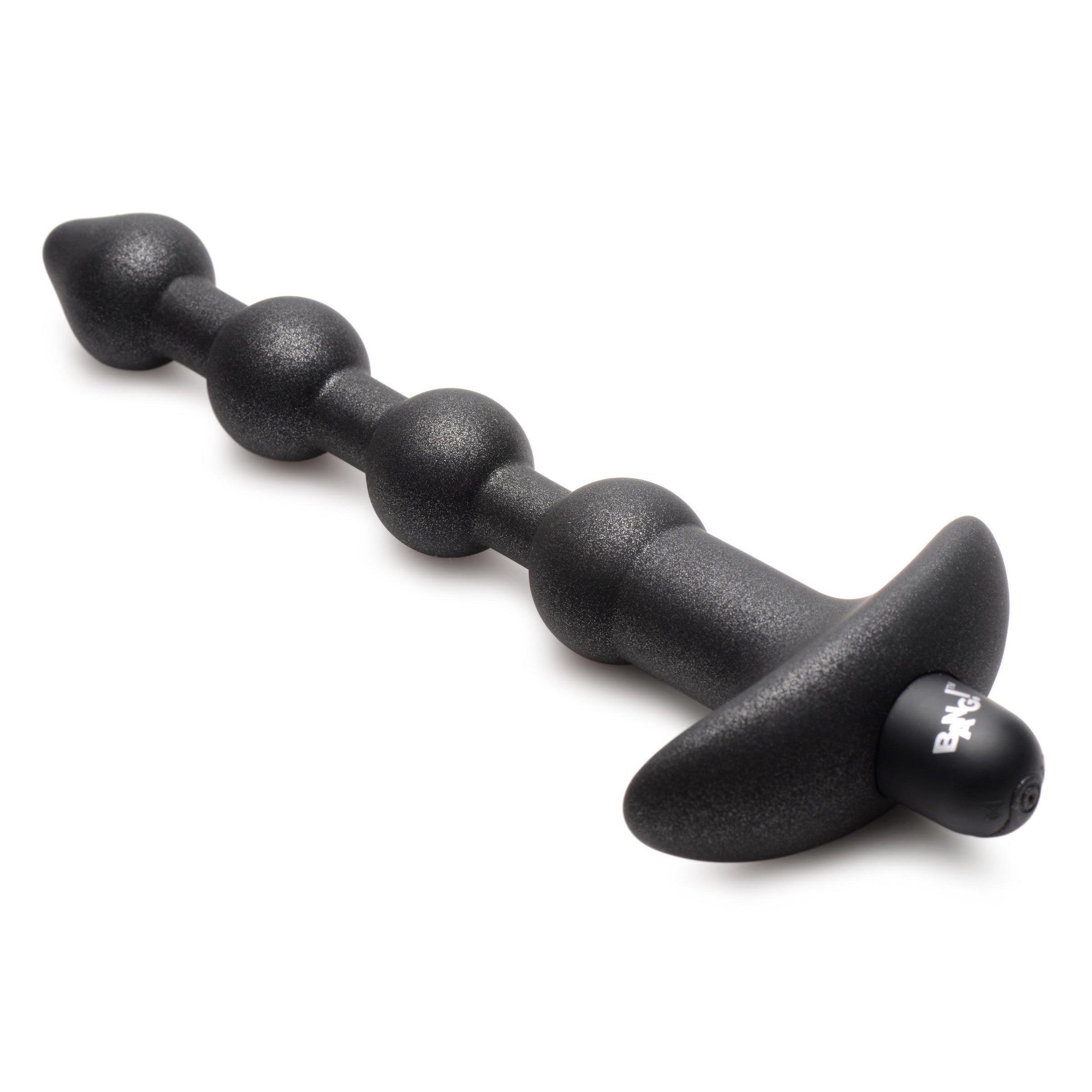 25X Platinum Series Anal Beads with Remote Control in metallic black, showcasing tapered tips and wide base for safe anal play.