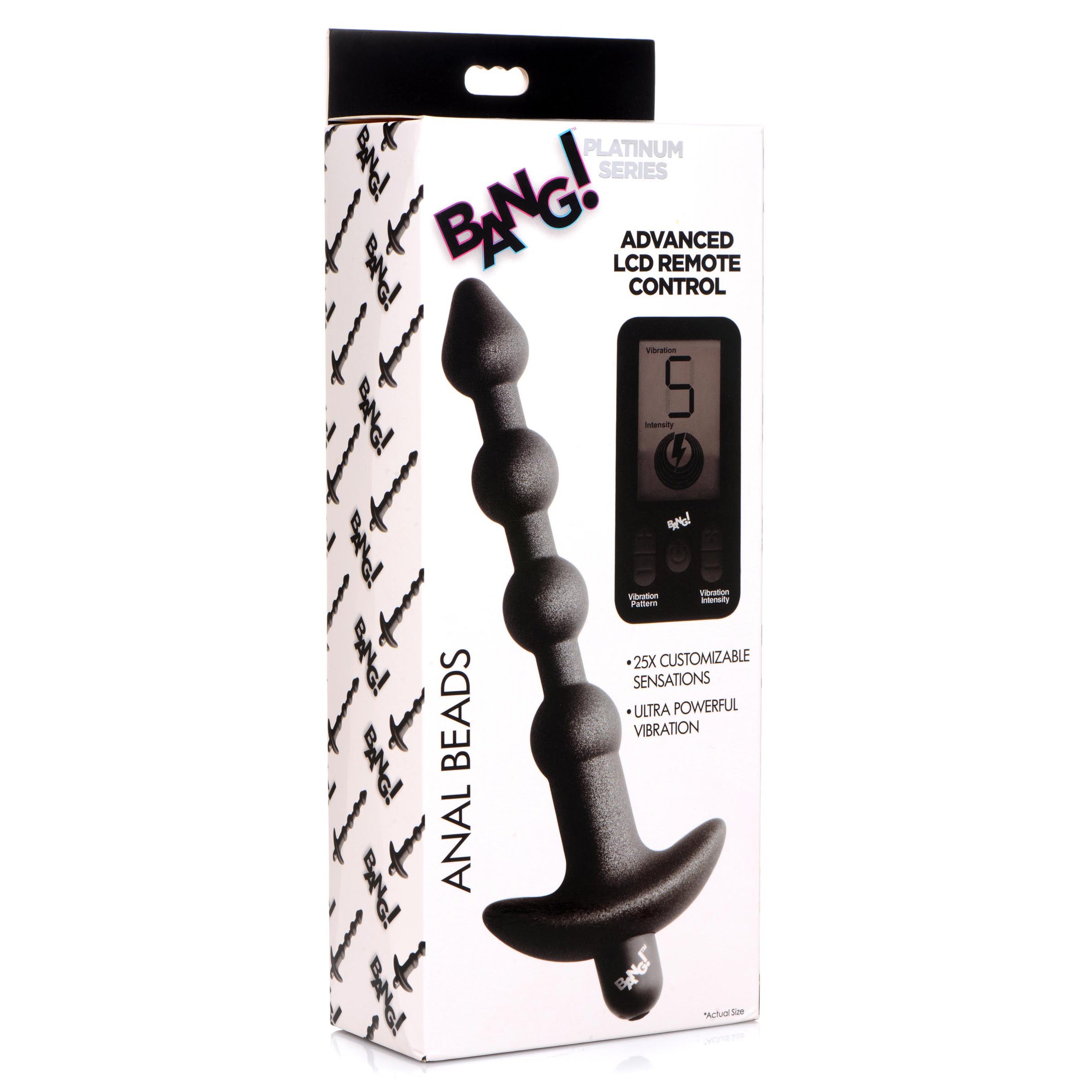 25X Platinum Series Anal Beads with Remote Control in metallic black, showcasing tapered tips and wide base for safe anal play.