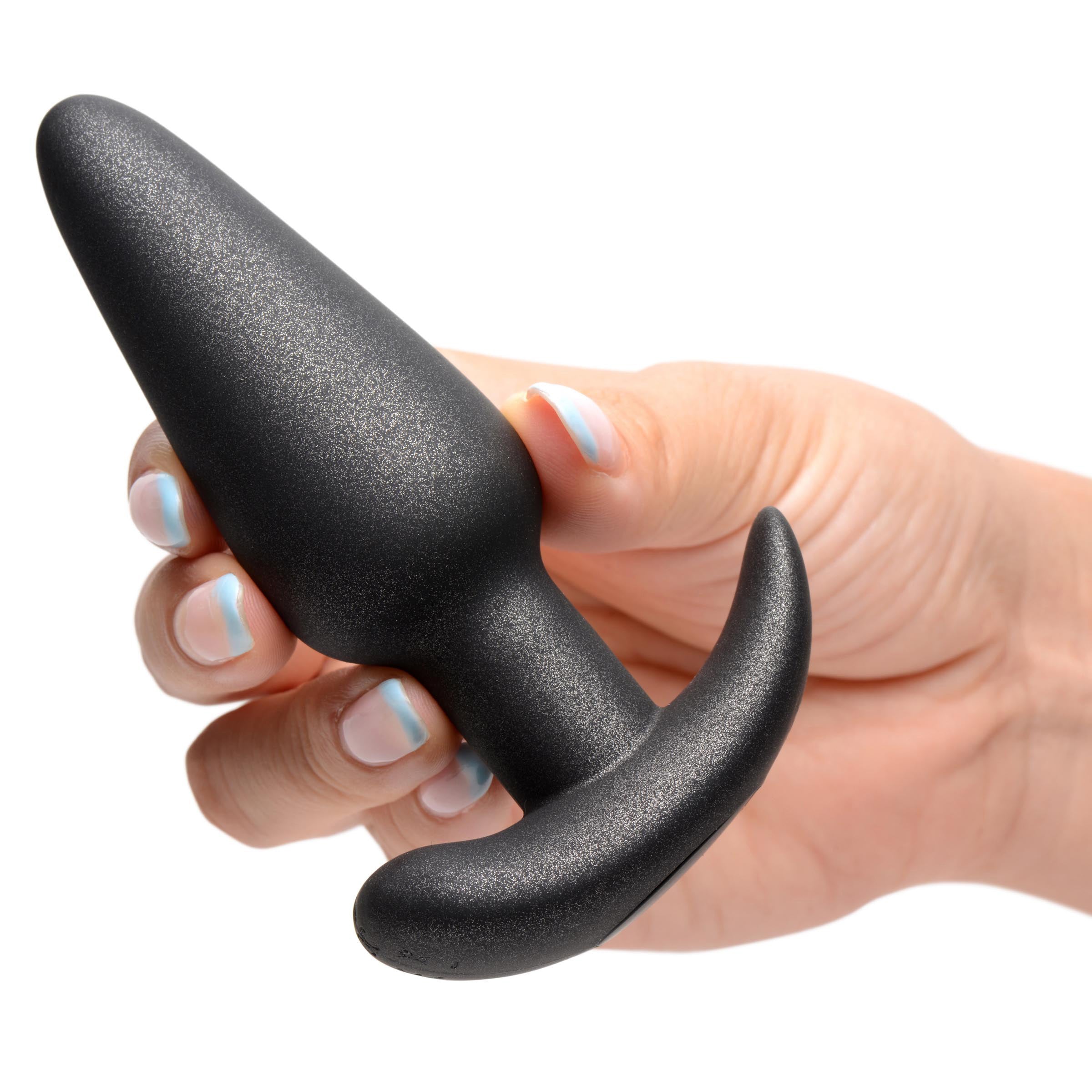 25X Platinum Series Butt Plug with Remote Control in metallic black silicone, showcasing its tapered design and remote control.