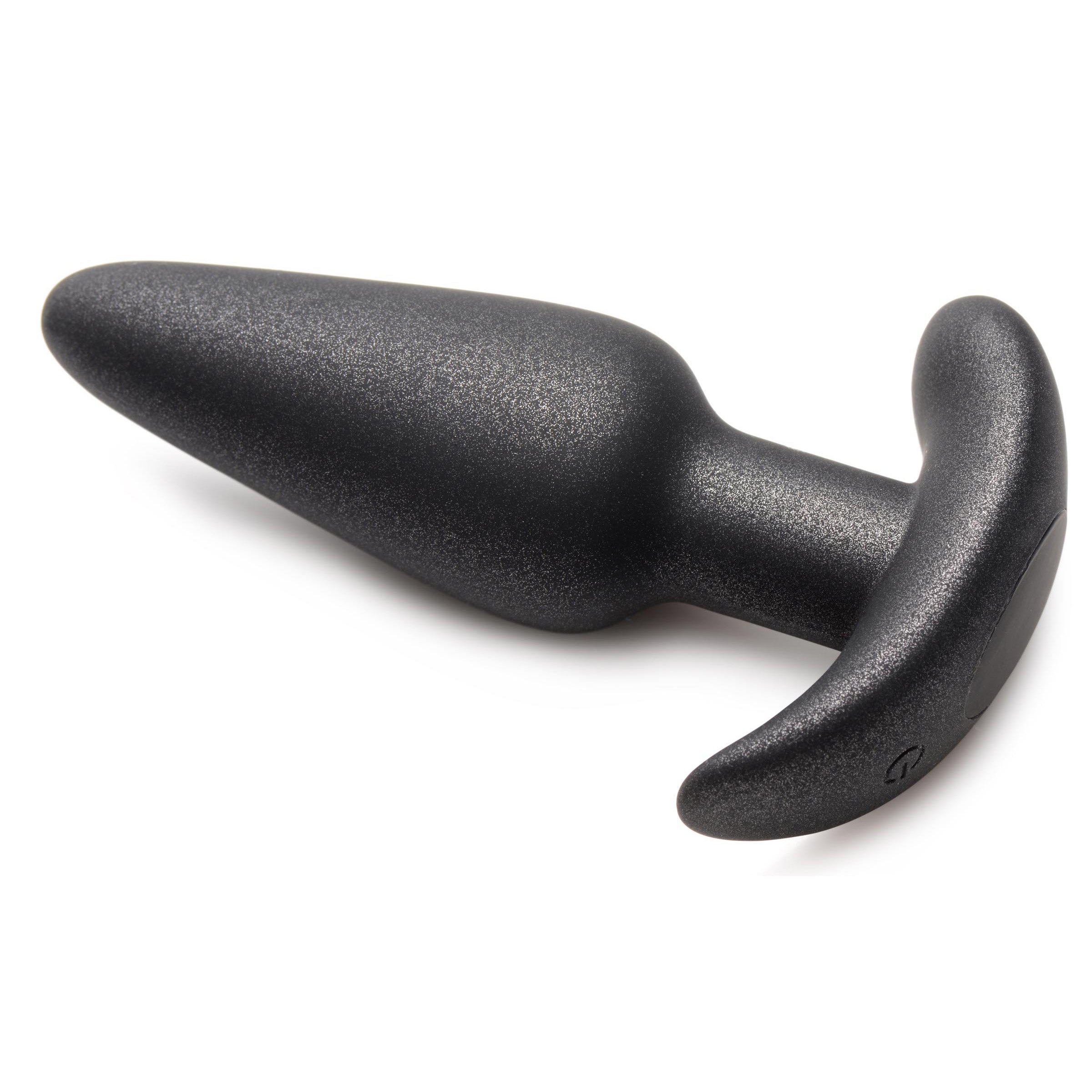 25X Platinum Series Butt Plug with Remote Control in metallic black silicone, showcasing its tapered design and remote control.