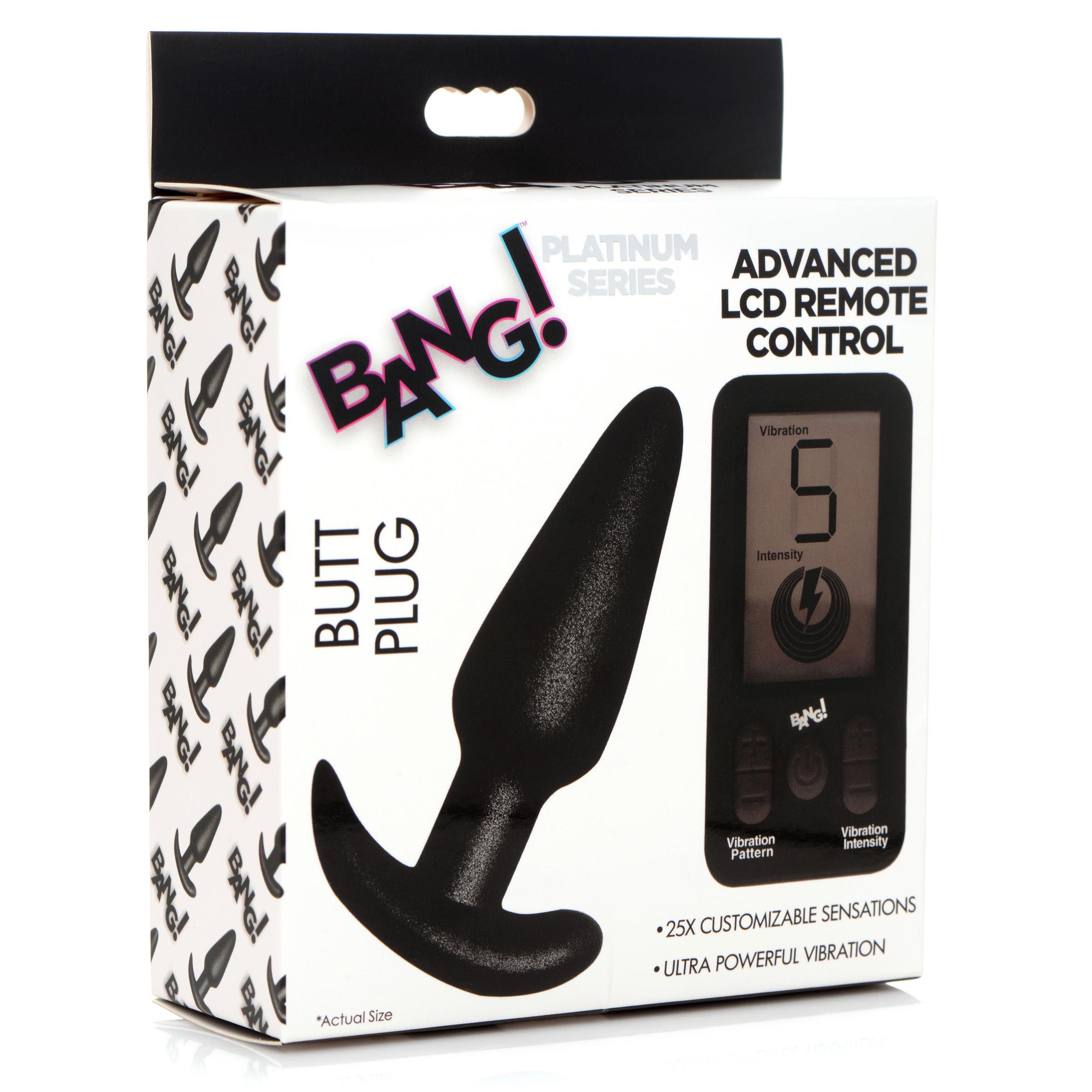 25X Platinum Series Butt Plug with Remote Control in metallic black silicone, showcasing its tapered design and remote control.