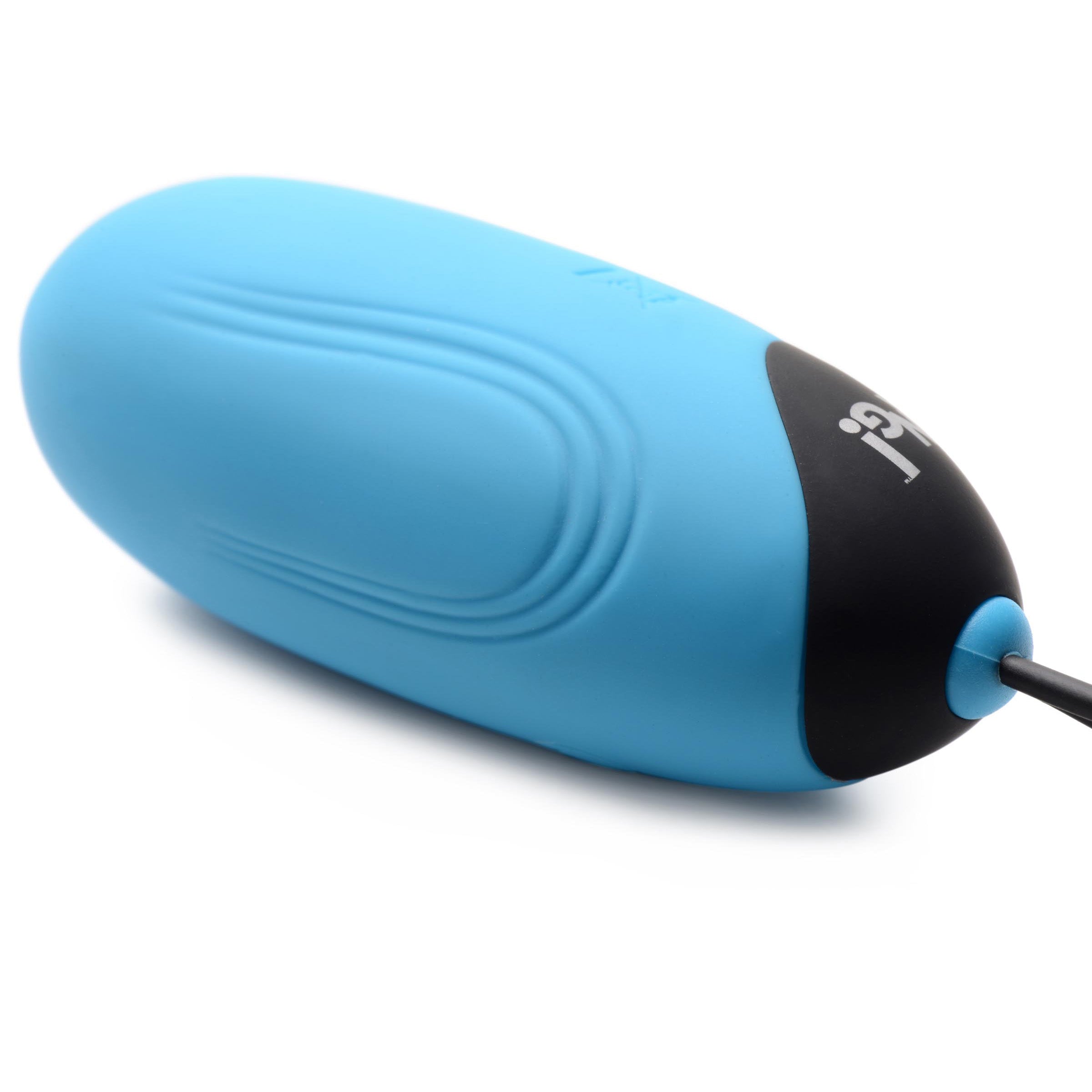 28X Grooved Silicone Egg in blue, showcasing its textured design and remote control for enhanced stimulation.