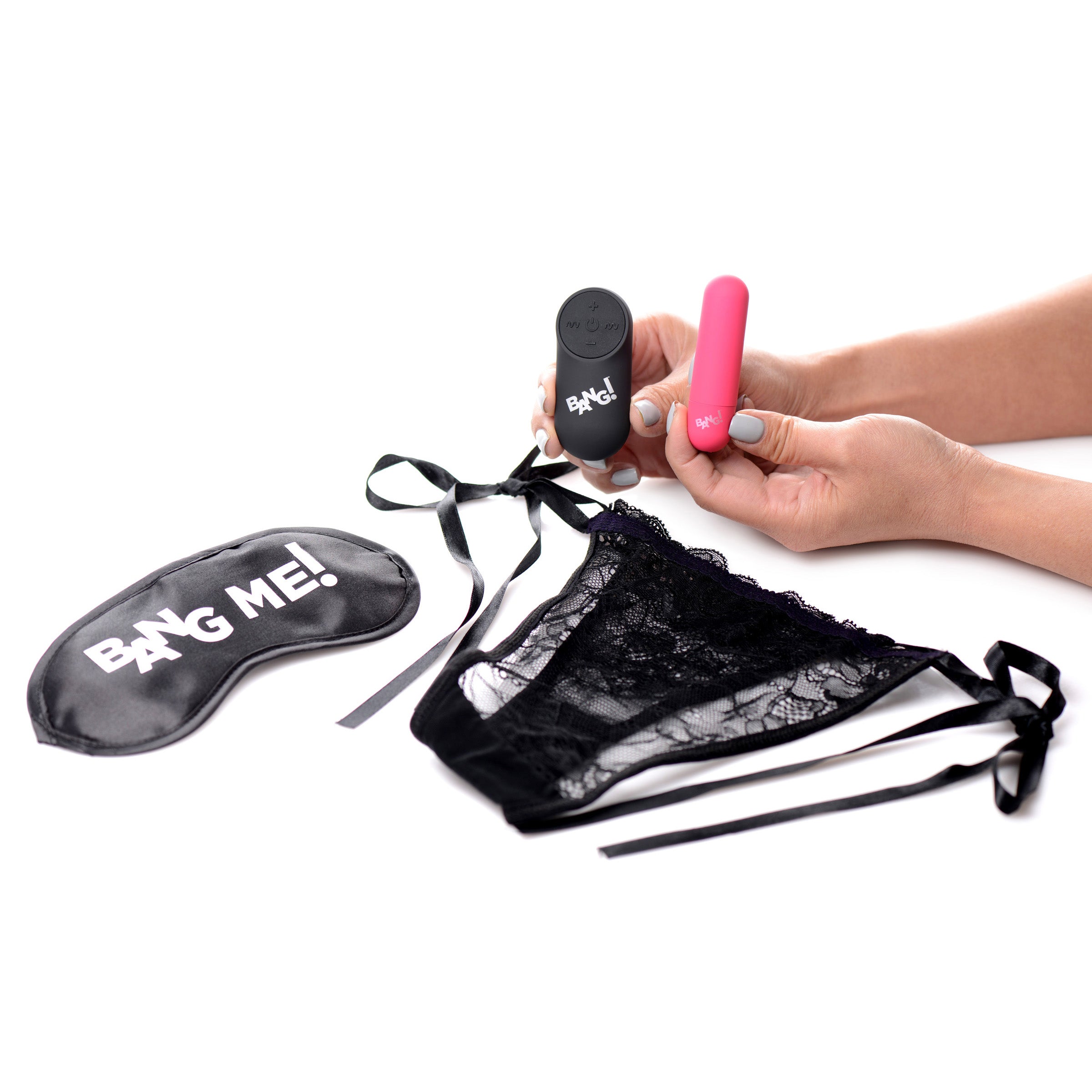 28X Power Panty Remote Control Bullet Kit featuring lacey black panties, a bullet vibrator, and a satin blindfold for enhanced pleasure.