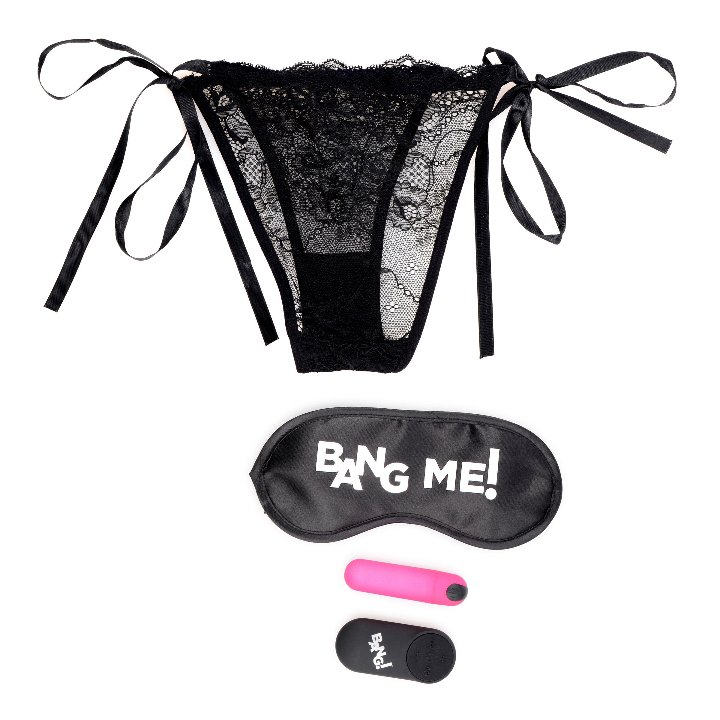 28X Power Panty Remote Control Bullet Kit featuring lacey black panties, a bullet vibrator, and a satin blindfold for enhanced pleasure.