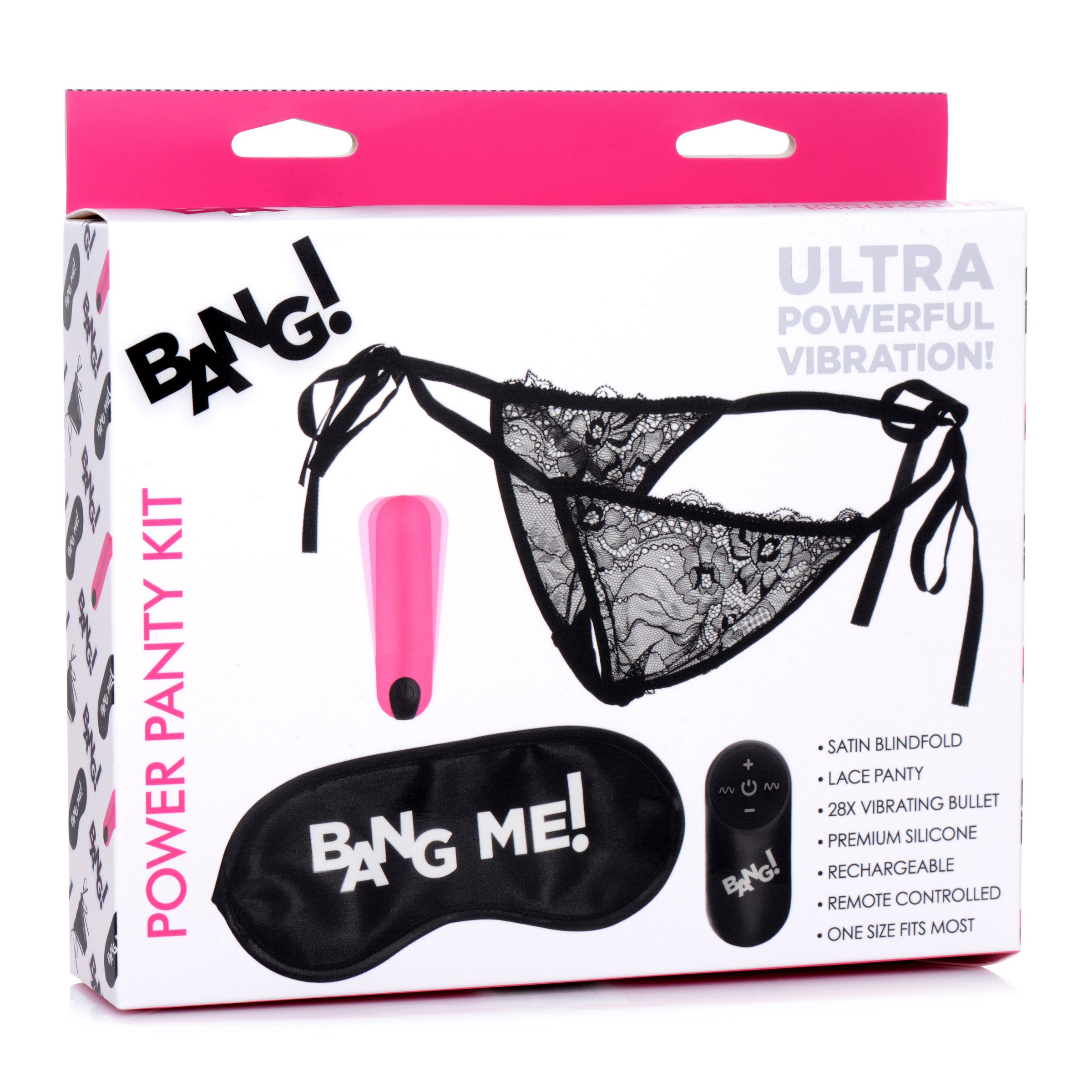 28X Power Panty Remote Control Bullet Kit featuring lacey black panties, a bullet vibrator, and a satin blindfold for enhanced pleasure.