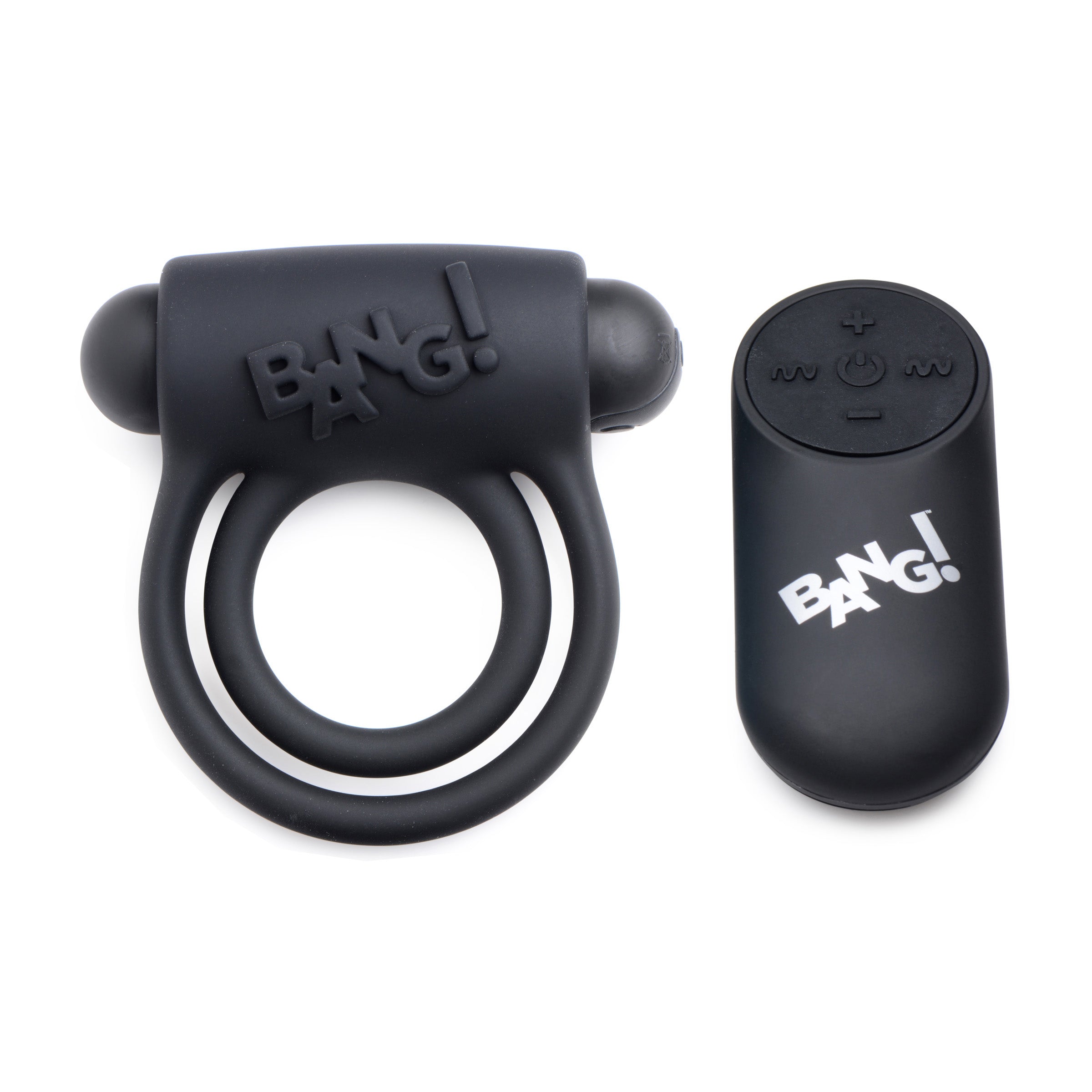 28X Remote Control Vibrating Cock Ring & Bullet in black, showcasing its dual rings and bullet vibe for enhanced pleasure.