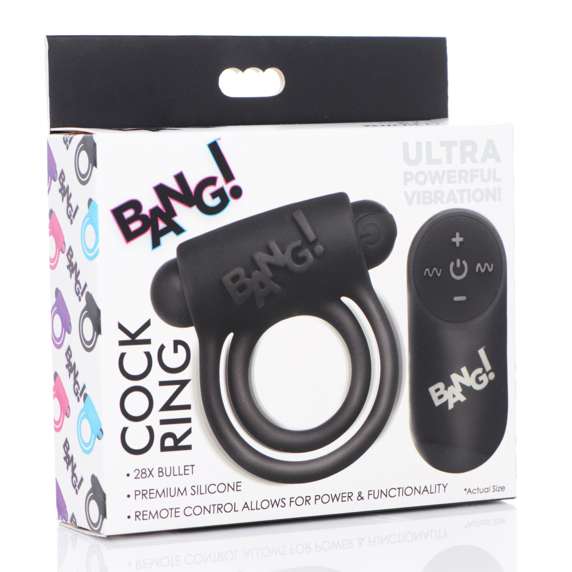 28X Remote Control Vibrating Cock Ring & Bullet in black, showcasing its dual rings and bullet vibe for enhanced pleasure.