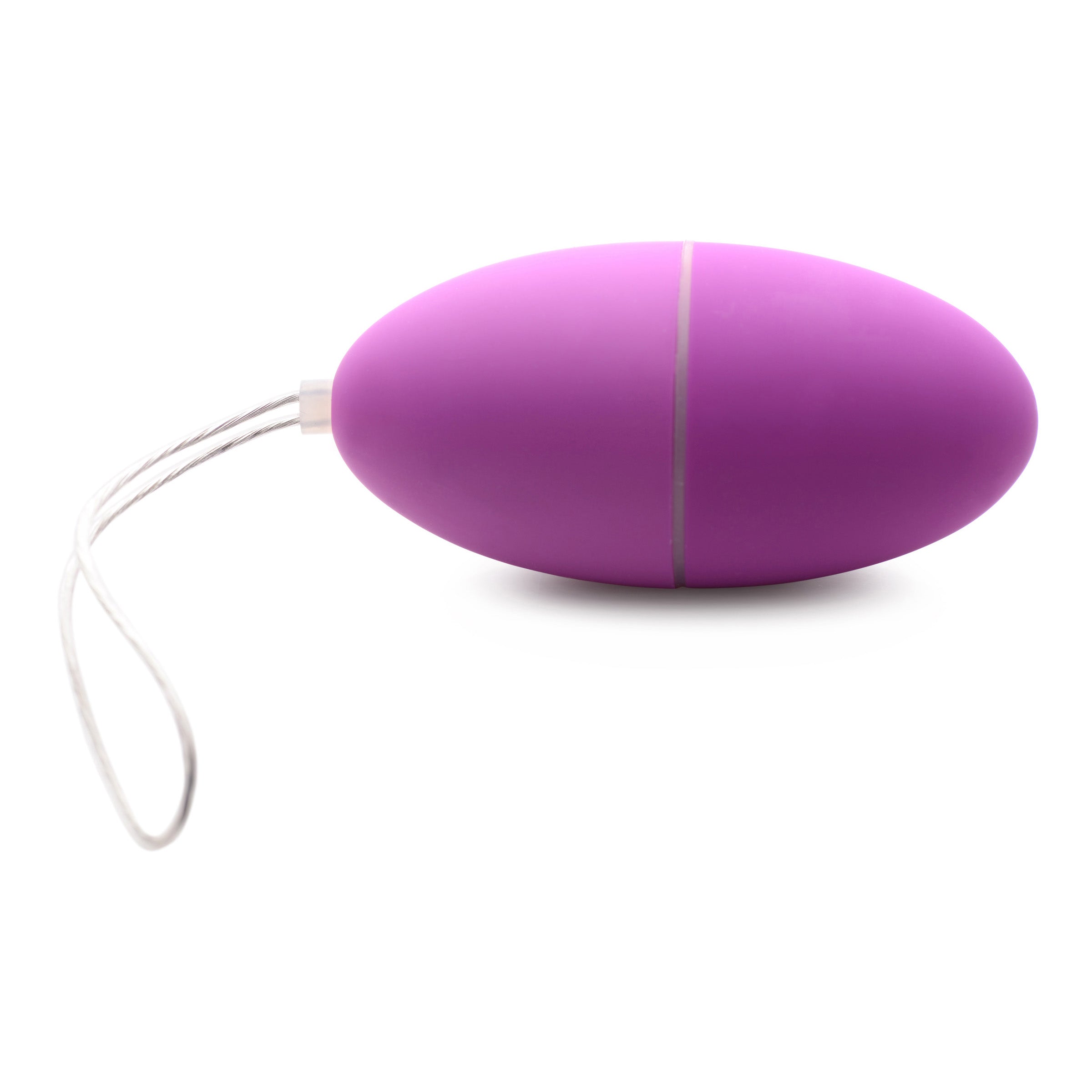 Purple 28X Scrambler Vibrating Egg with remote control, showcasing its sleek design and smooth texture.