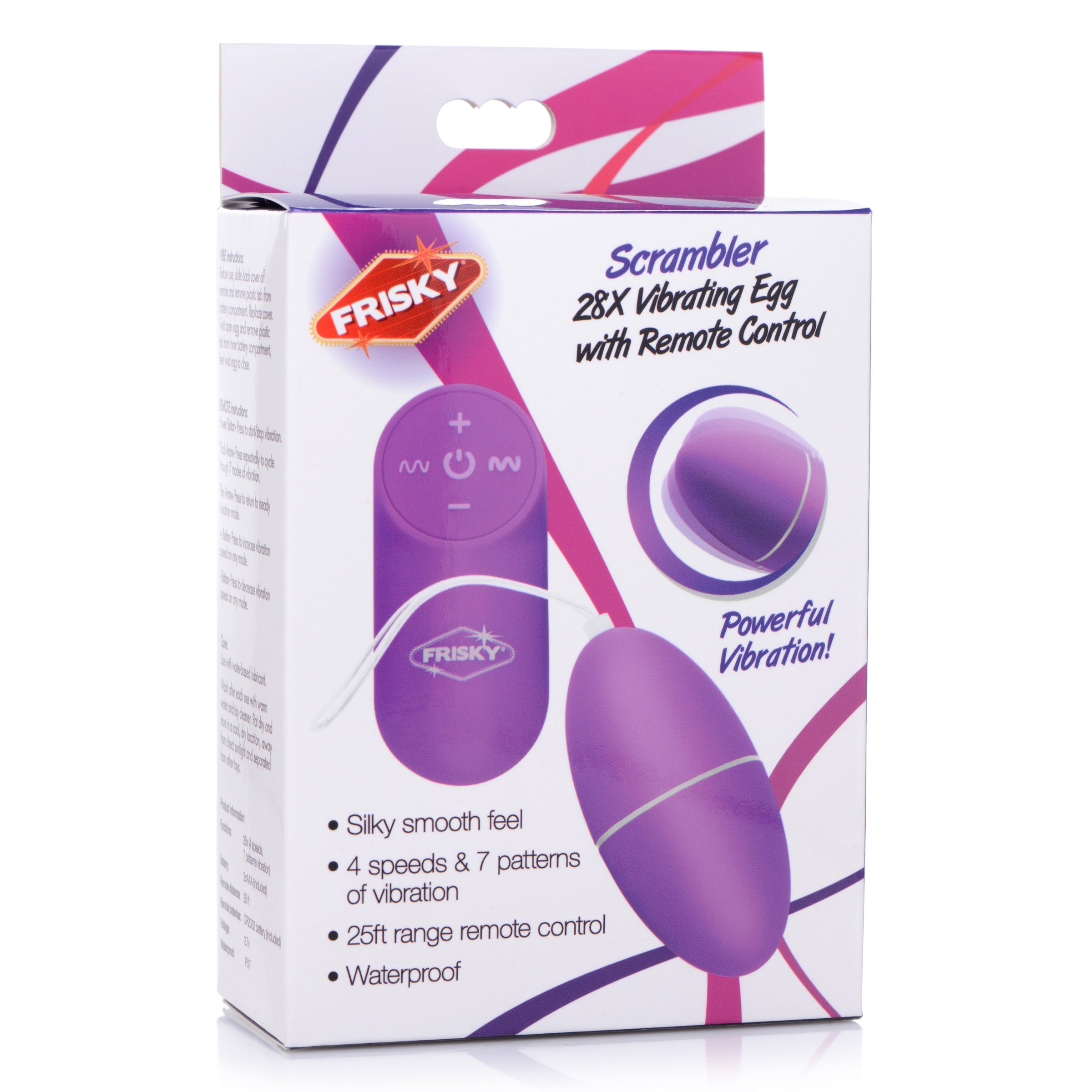 Purple 28X Scrambler Vibrating Egg with remote control, showcasing its sleek design and smooth texture.