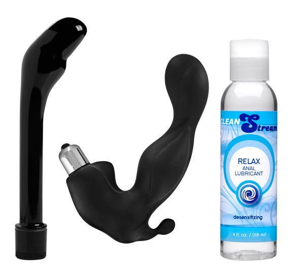 3 Piece Prostate Pleasure Starter Kit featuring a prostate wand, prostate vibe, and vibrating bullet with desensitizing lube.