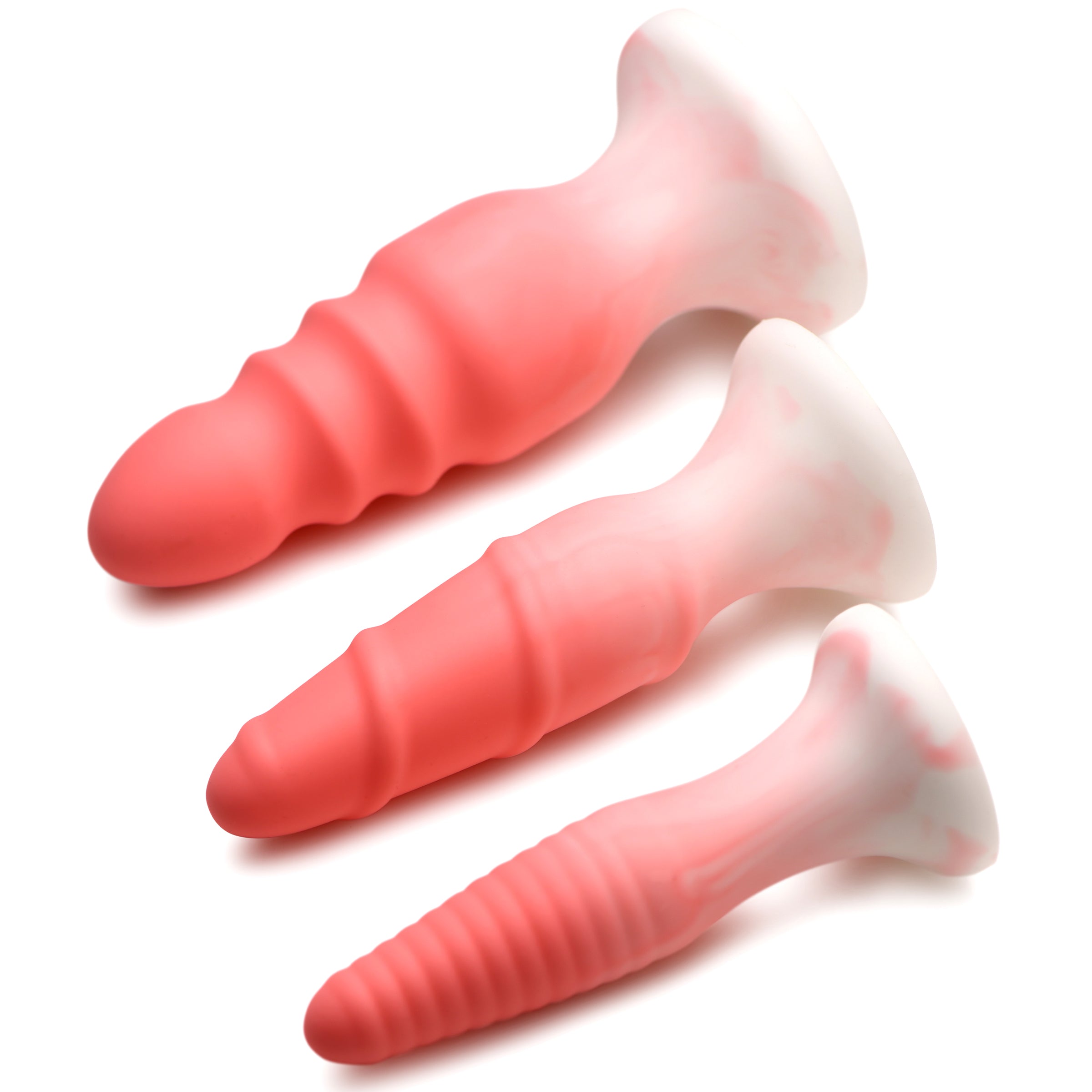 3 Piece Silicone Butt Plug Set in pink, showcasing three graduated sizes with unique textures for enhanced pleasure.