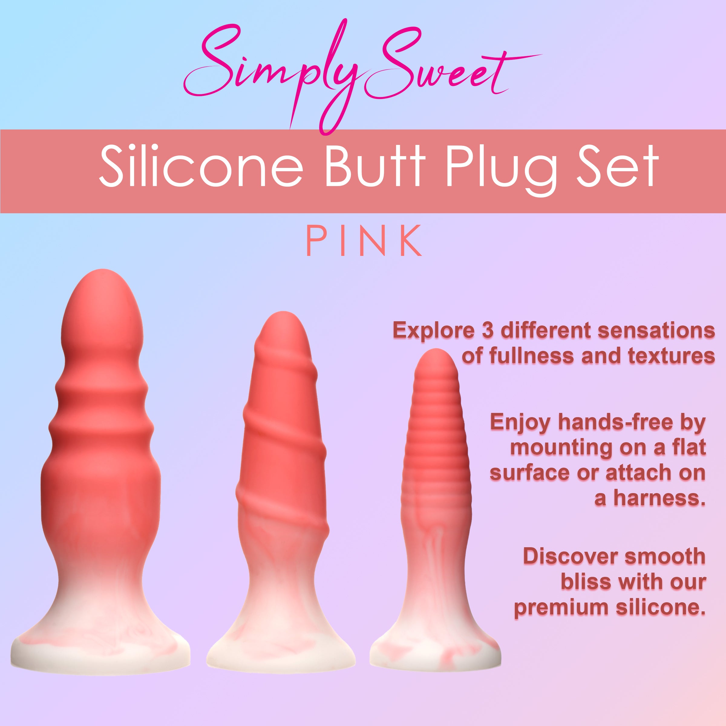 3 Piece Silicone Butt Plug Set in pink, showcasing three graduated sizes with unique textures for enhanced pleasure.