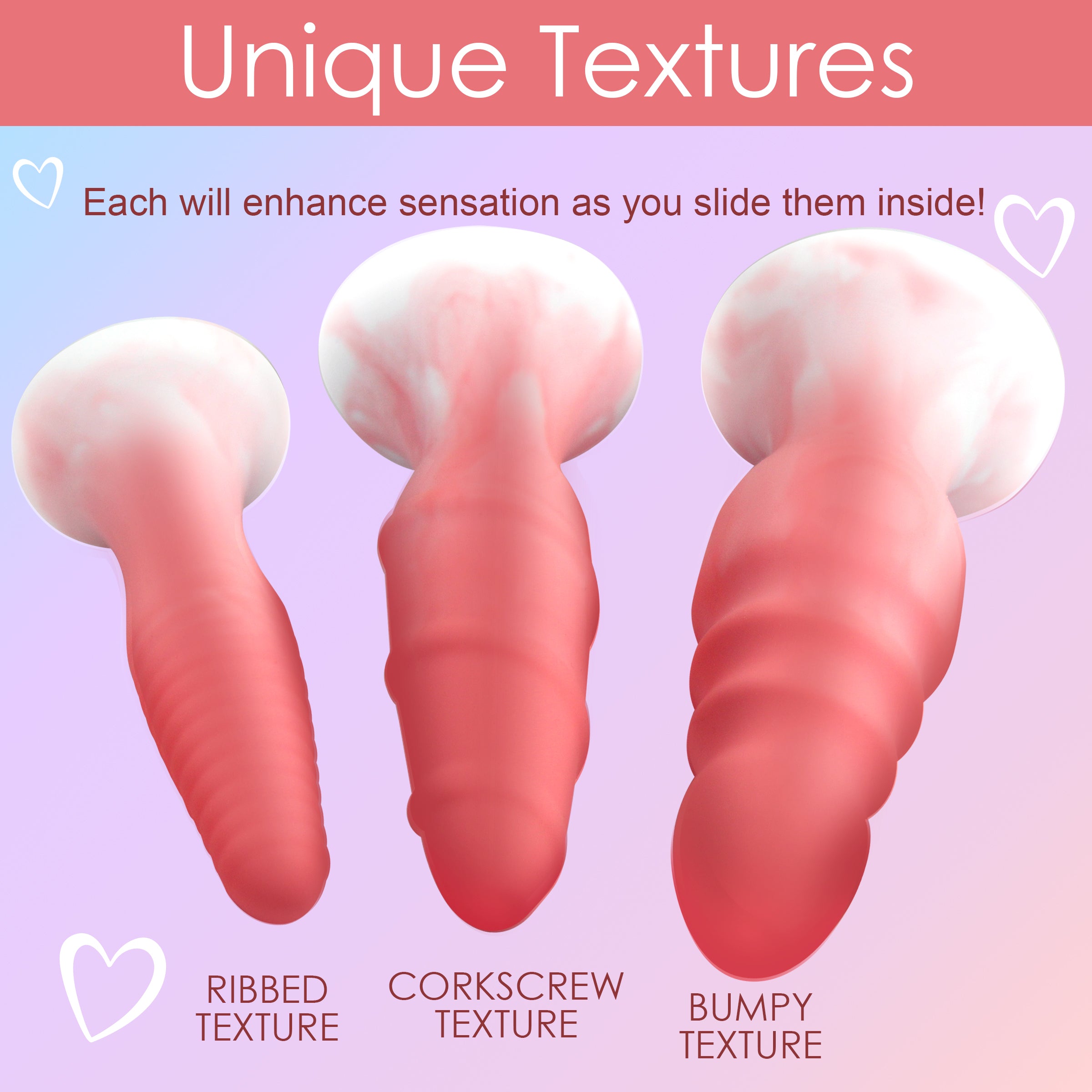 3 Piece Silicone Butt Plug Set in pink, showcasing three graduated sizes with unique textures for enhanced pleasure.