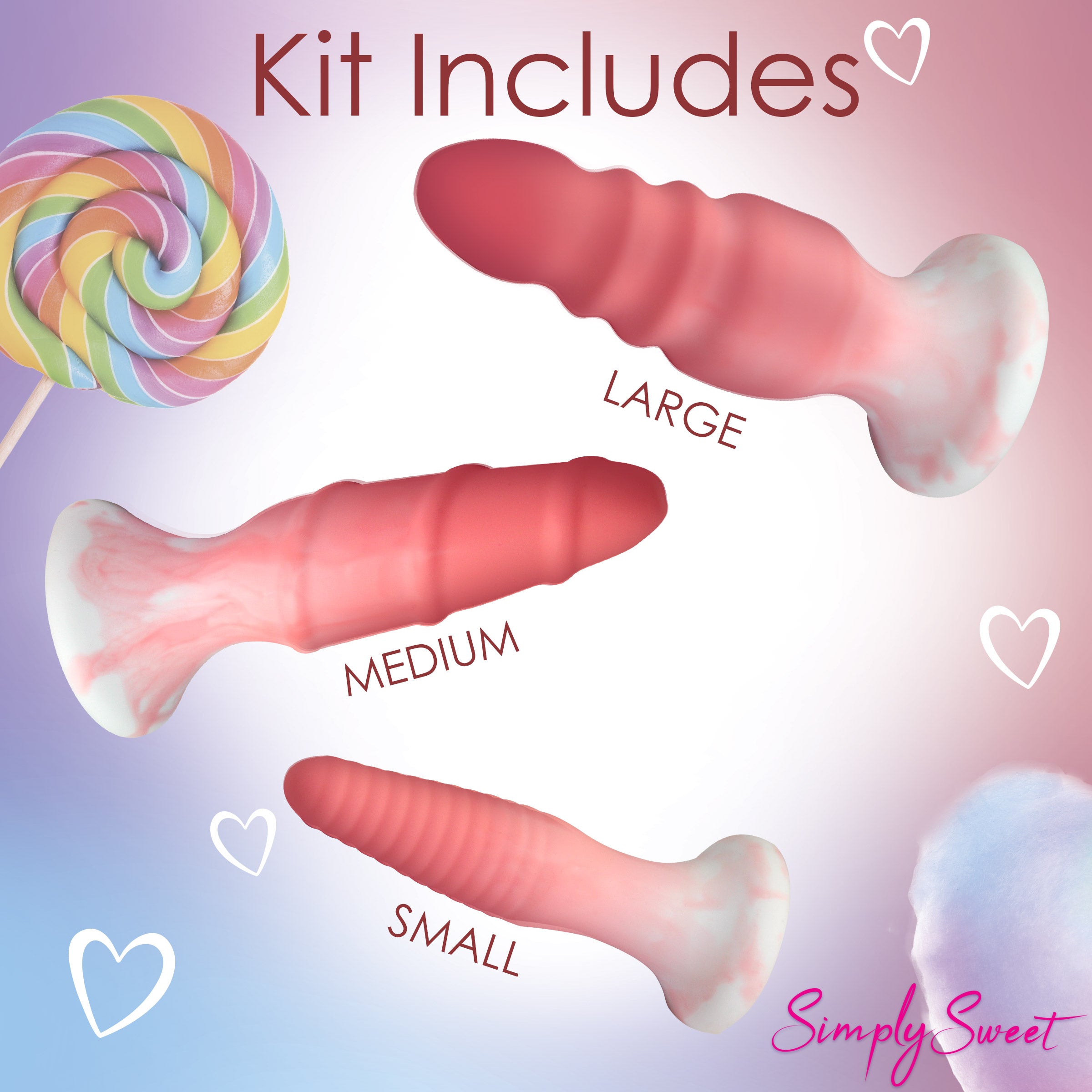 3 Piece Silicone Butt Plug Set in pink, showcasing three graduated sizes with unique textures for enhanced pleasure.