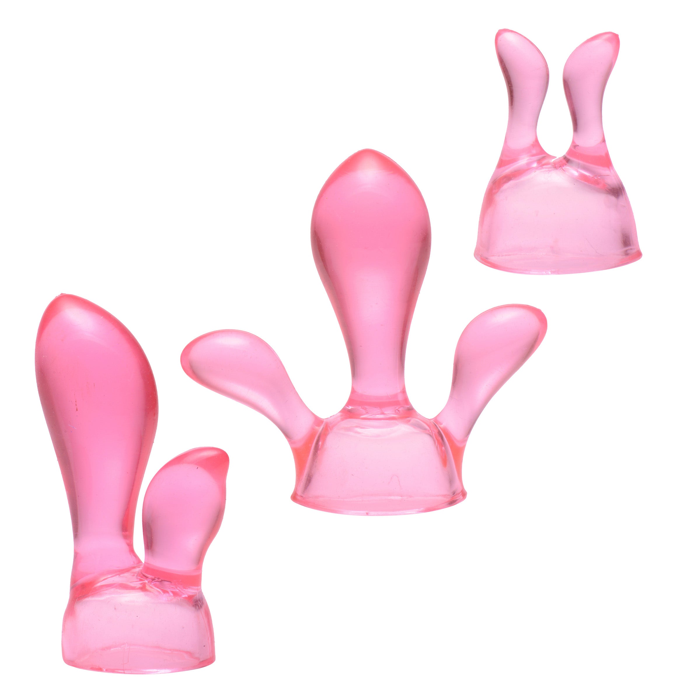 3 Piece Wand Attachment Set featuring three unique attachments in vibrant pink color, designed for versatile stimulation.