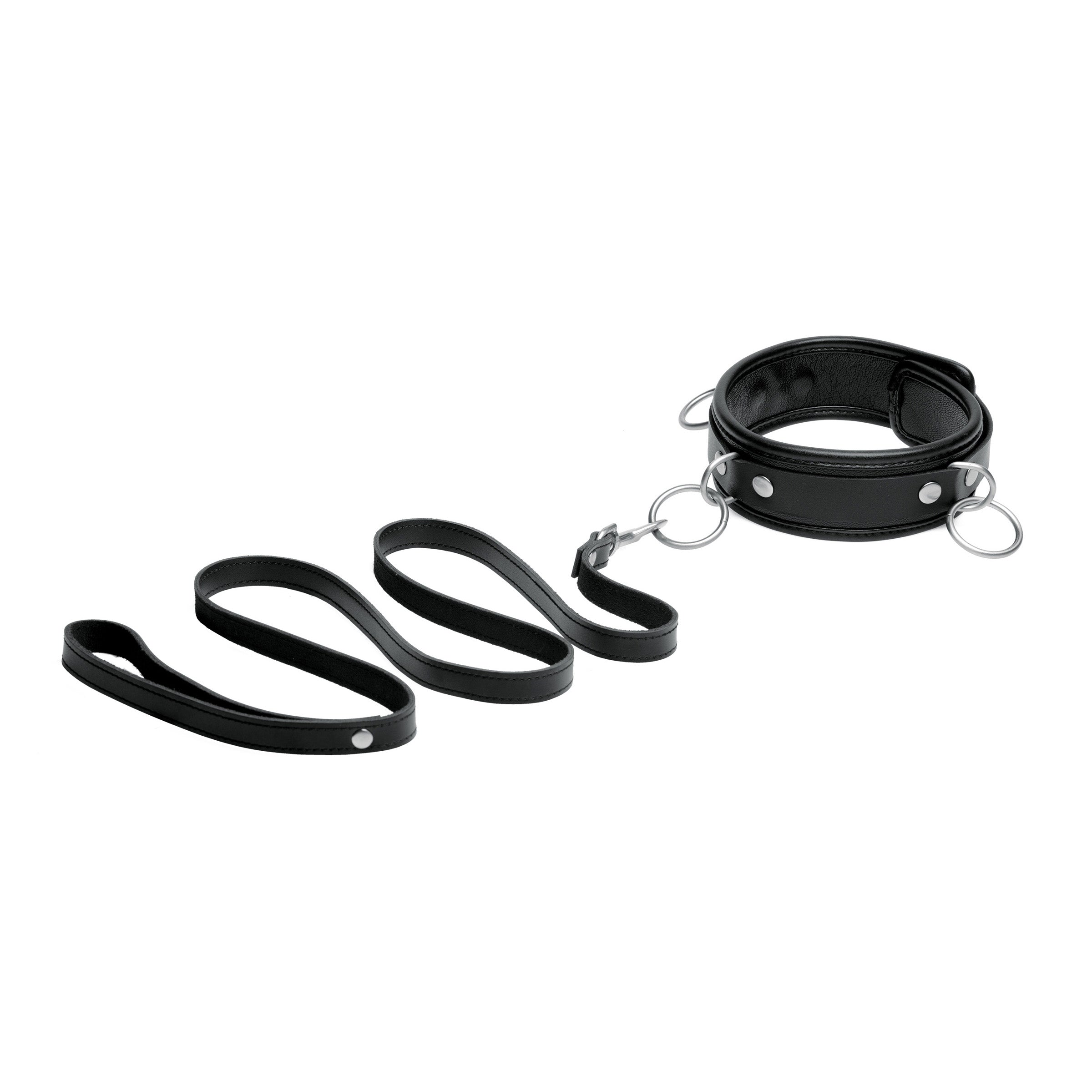 3 Ring Leather Collar with Leash featuring three O-rings, adjustable buckle, and durable leather construction in black.