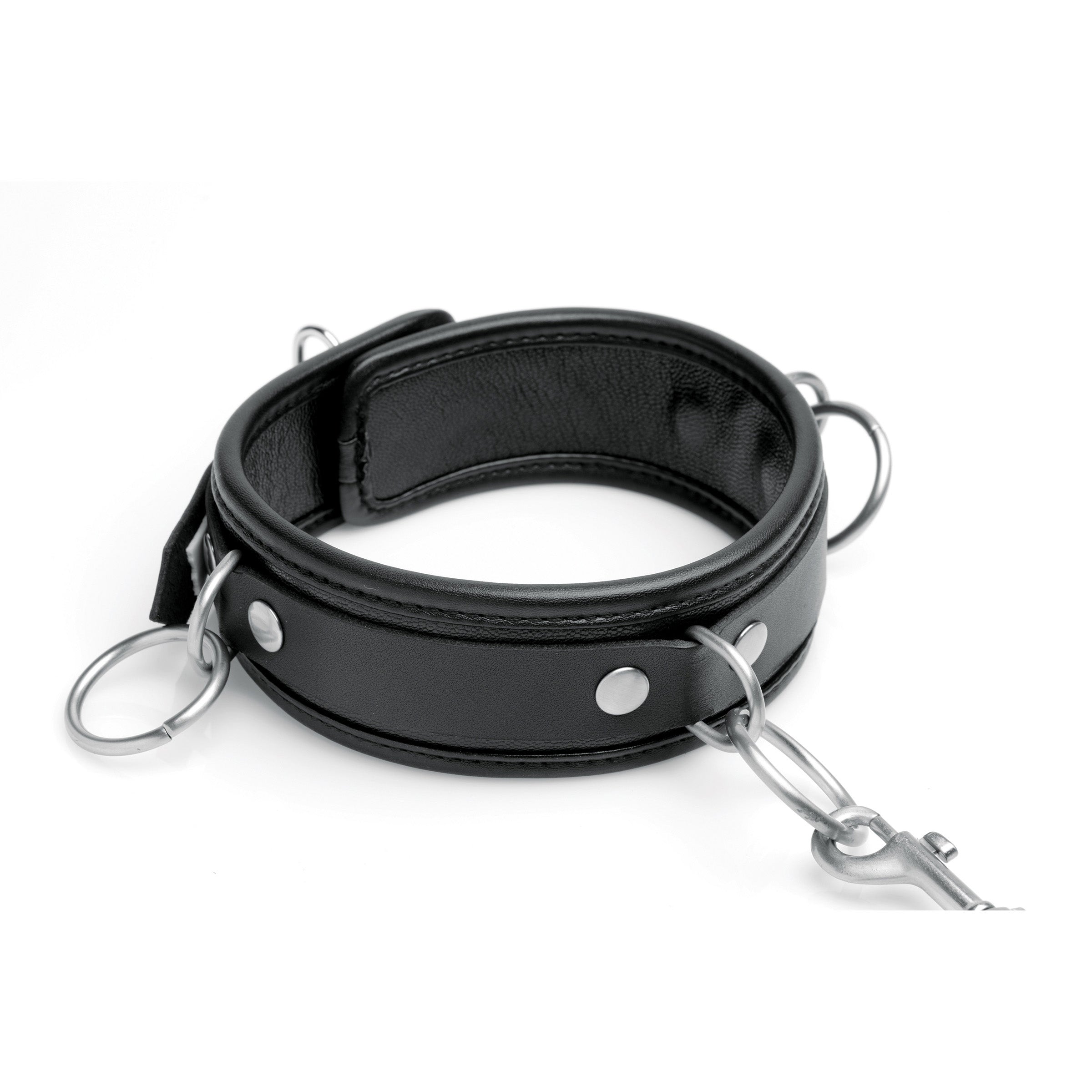 3 Ring Leather Collar with Leash featuring three O-rings, adjustable buckle, and durable leather construction in black.