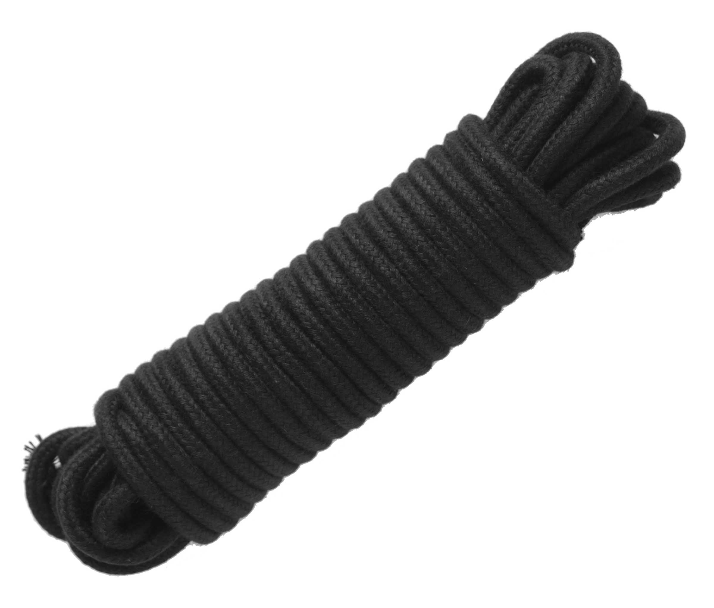 32 Foot Black Cotton Bondage Rope, tightly woven and soft, perfect for restraint and bondage play.