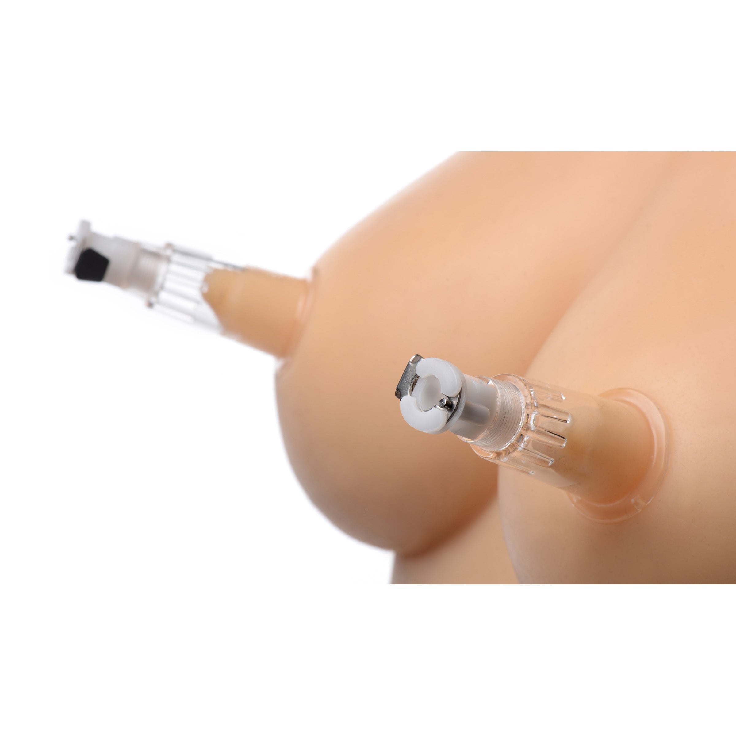 3-Way Suck Her Nipple & Clit Pump System featuring red silicone cylinders and a hand pump for enhanced sensitivity.