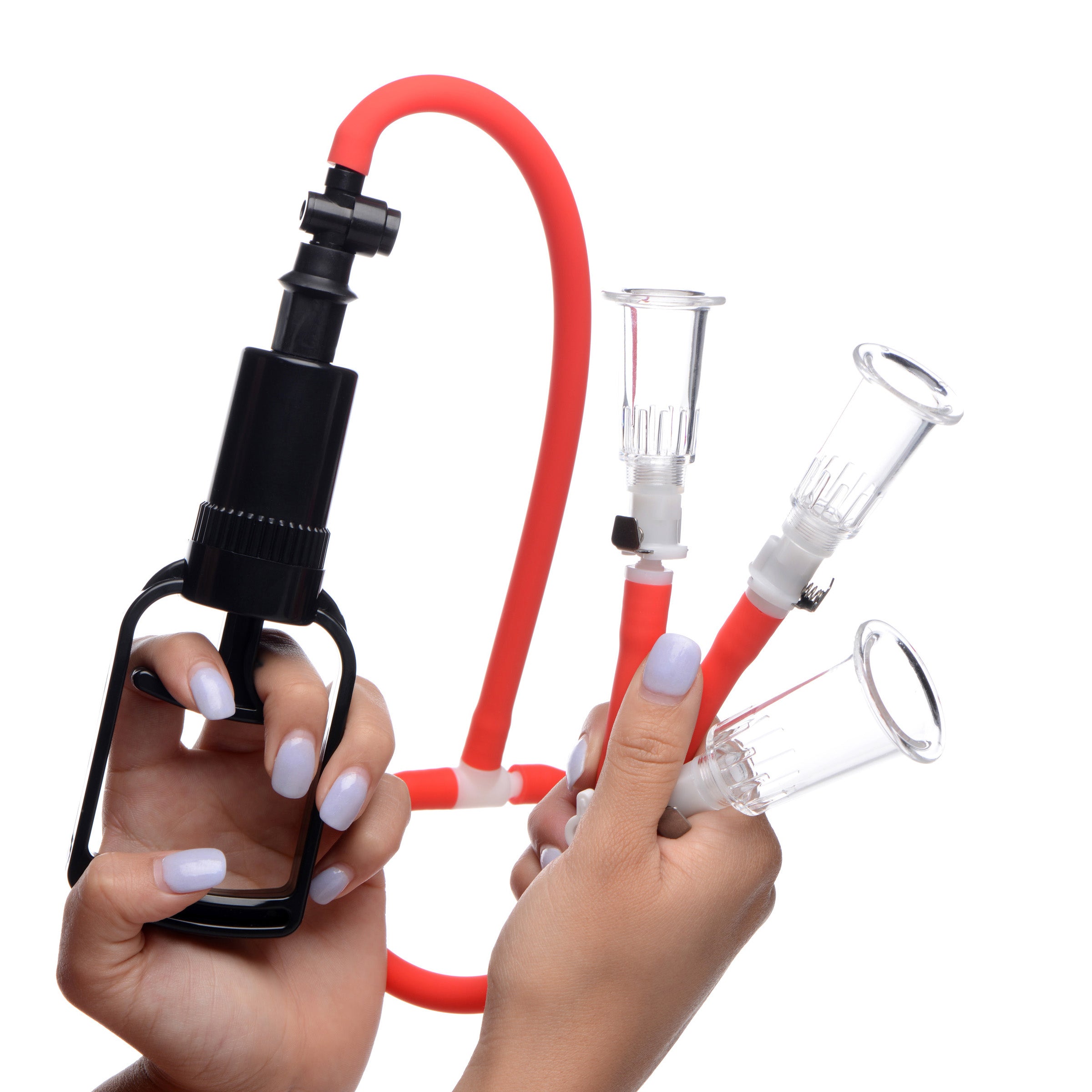 3-Way Suck Her Nipple & Clit Pump System featuring red silicone cylinders and a hand pump for enhanced sensitivity.