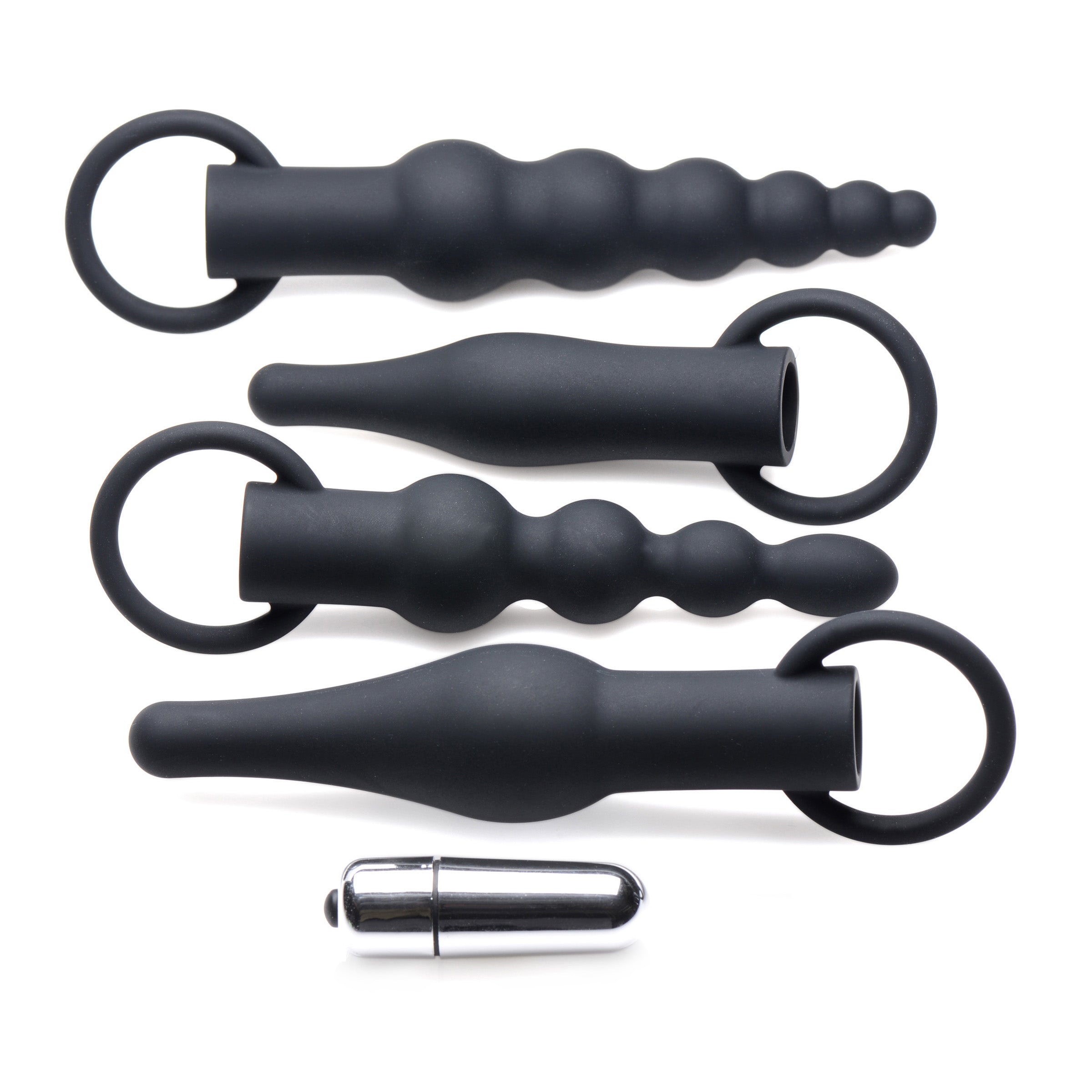 3X Rimming Anal Training Set featuring two textured plugs and a bullet vibe, designed for beginners and experienced users.