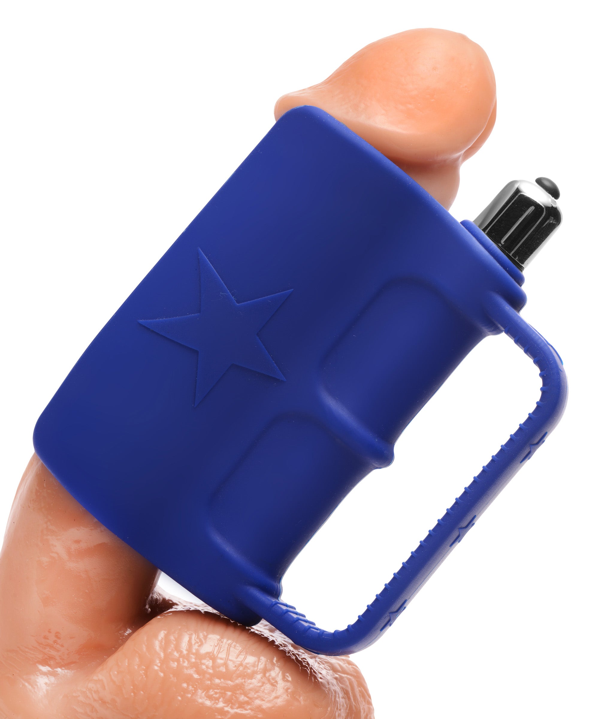 5 Knuckle Shuffle Vibrating Silicone Stroker in blue, featuring ergonomic grip and ribbed interior for enhanced pleasure.