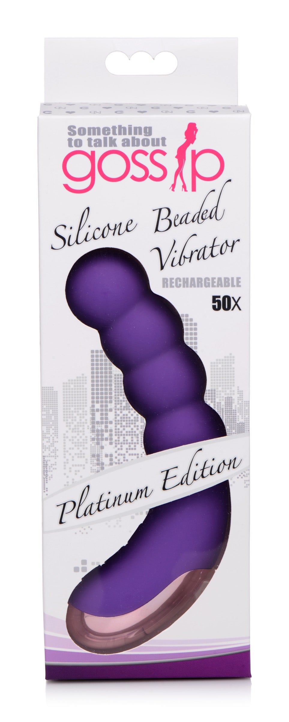 Purple 50X Silicone Beaded Vibrator designed for G-spot stimulation with textured surface and USB rechargeable feature.