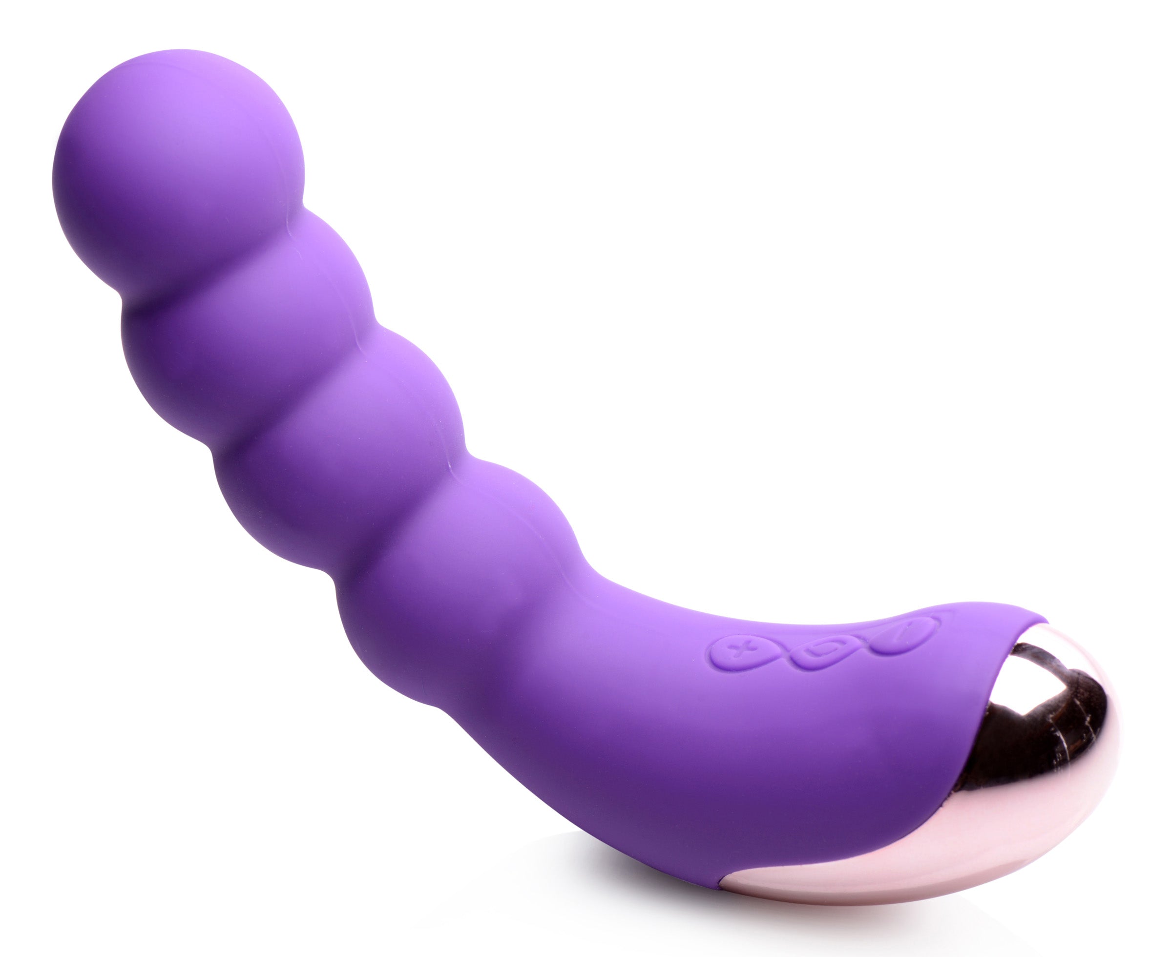 Purple 50X Silicone Beaded Vibrator designed for G-spot stimulation with textured surface and USB rechargeable feature.