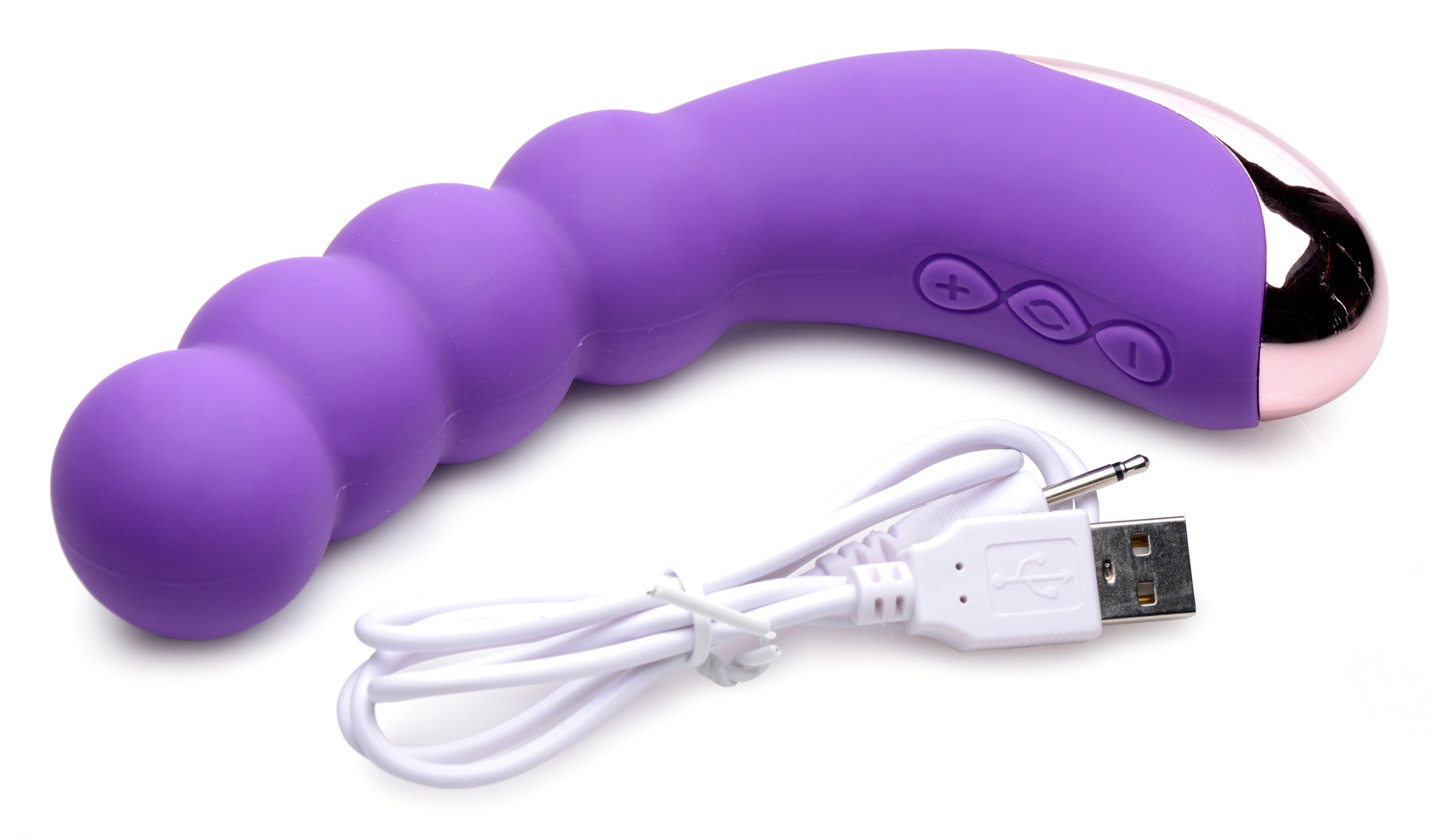 Purple 50X Silicone Beaded Vibrator designed for G-spot stimulation with textured surface and USB rechargeable feature.