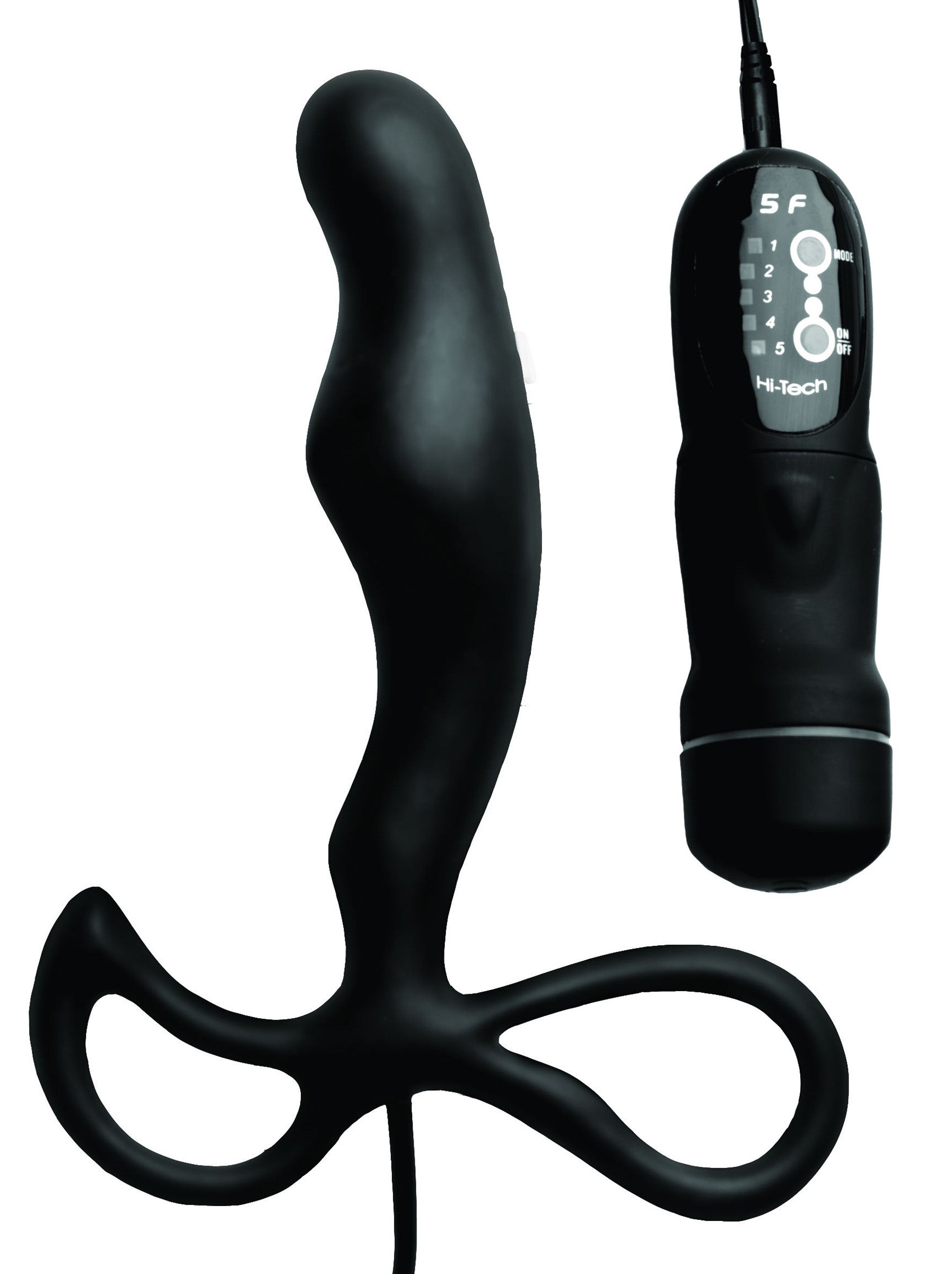 5X Radius Silicone Vibrating P-Spot Massager in black, designed for prostate stimulation with external perineal massager.