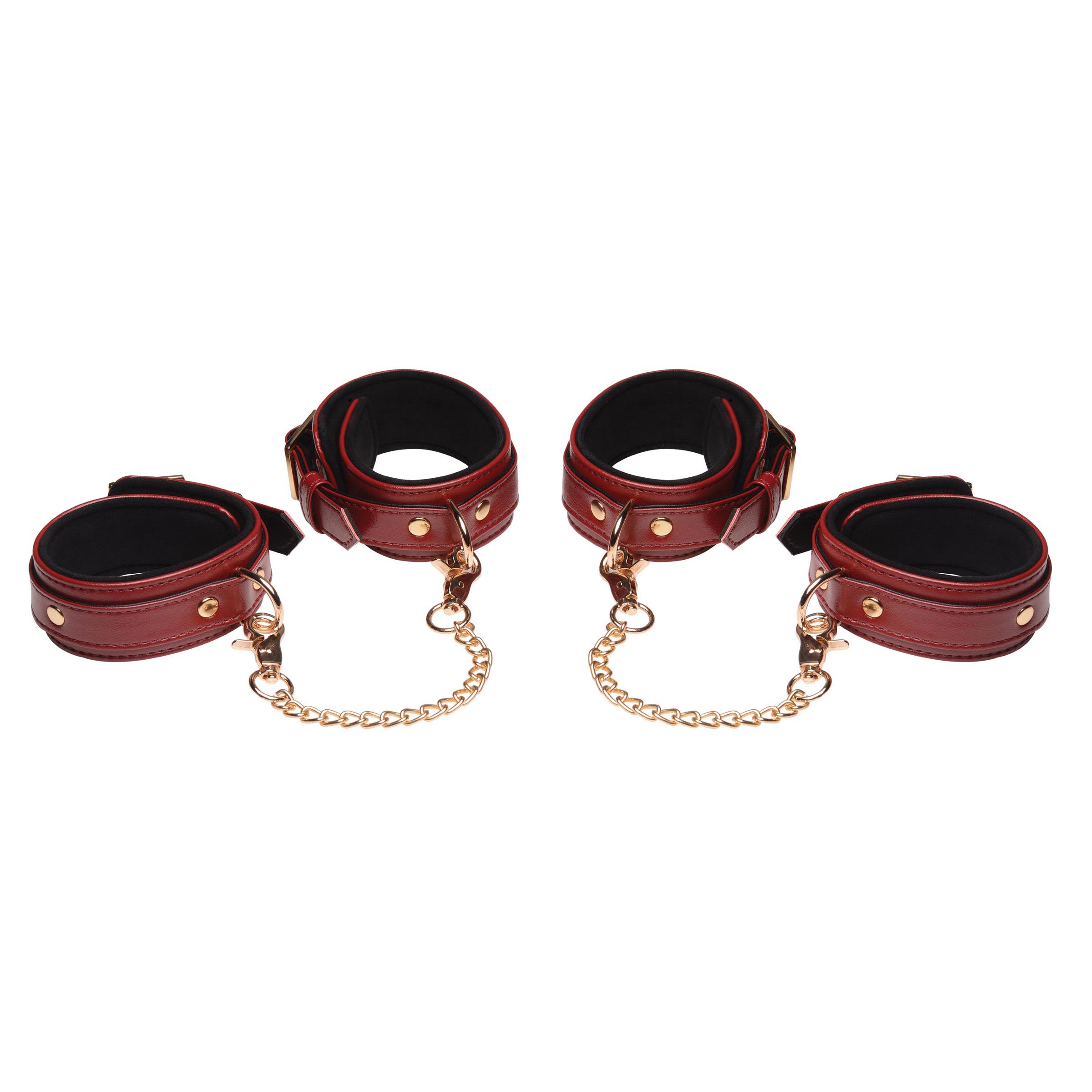 6 Piece Burgundy Bondage Set featuring adjustable cuffs, a collar, and a detachable leash, all in a luxurious burgundy color with gold accents.