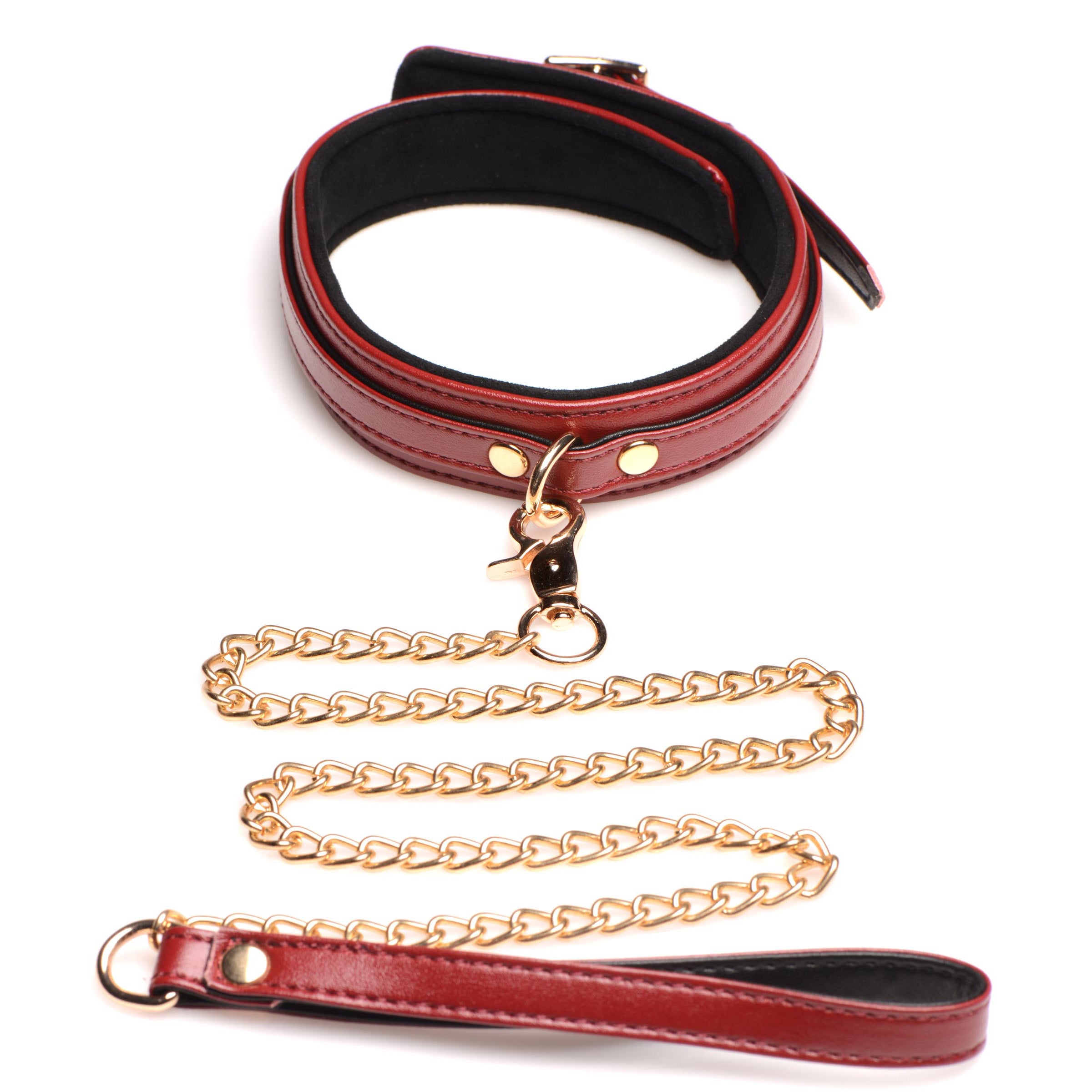 6 Piece Burgundy Bondage Set featuring adjustable cuffs, a collar, and a detachable leash, all in a luxurious burgundy color with gold accents.