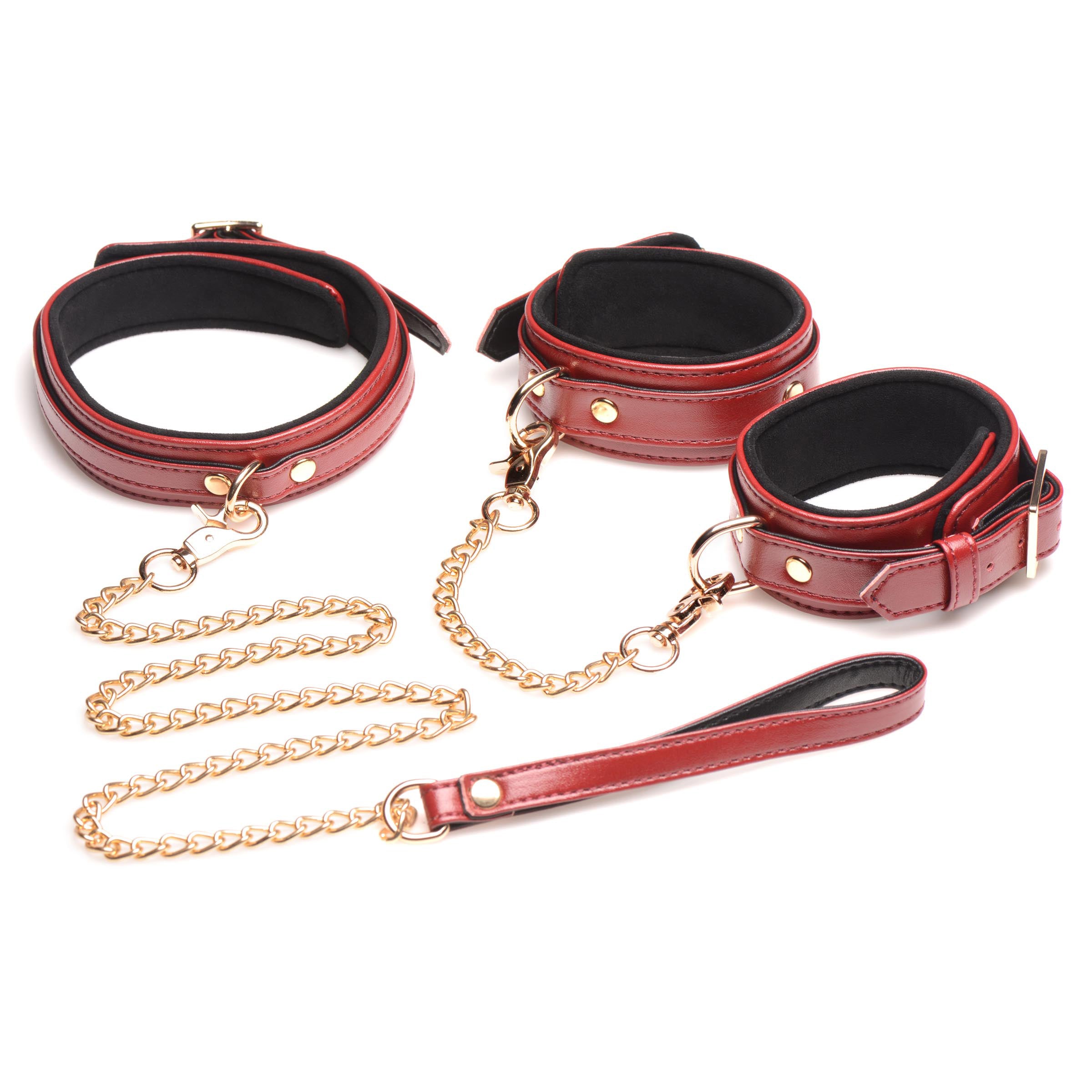 6 Piece Burgundy Bondage Set featuring adjustable cuffs, a collar, and a detachable leash, all in a luxurious burgundy color with gold accents.