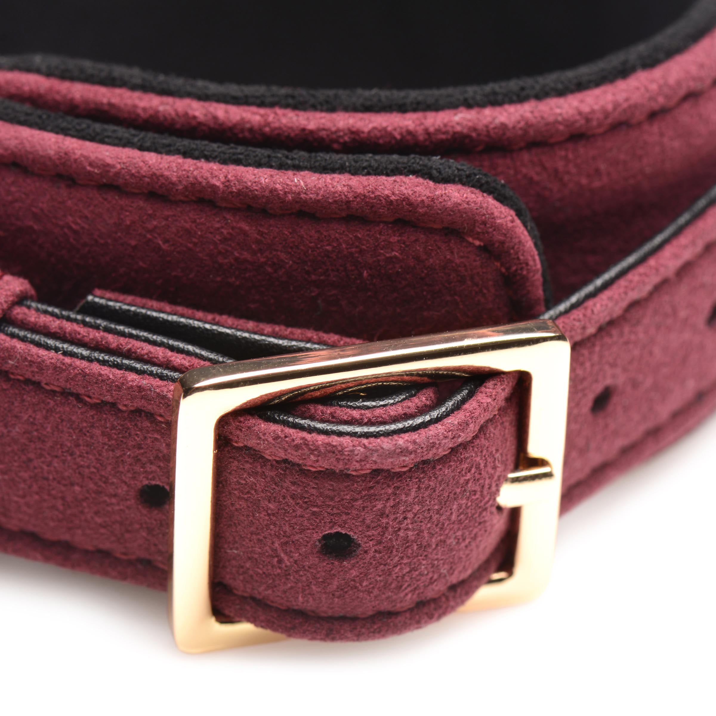 6 Piece Velvet Bondage Set featuring burgundy suede cuffs, collar, and golden leash, designed for sensual play and comfort.