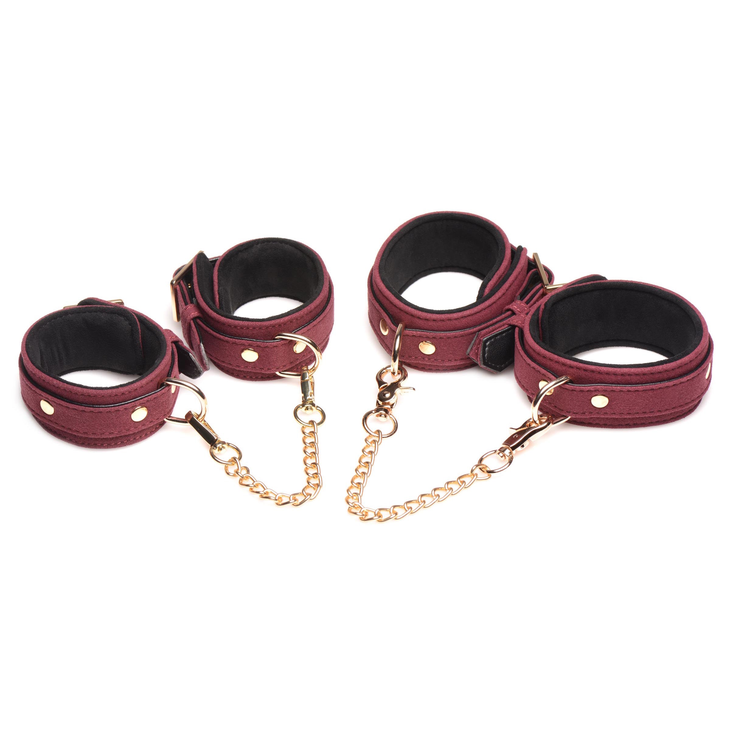 6 Piece Velvet Bondage Set featuring burgundy suede cuffs, collar, and golden leash, designed for sensual play and comfort.