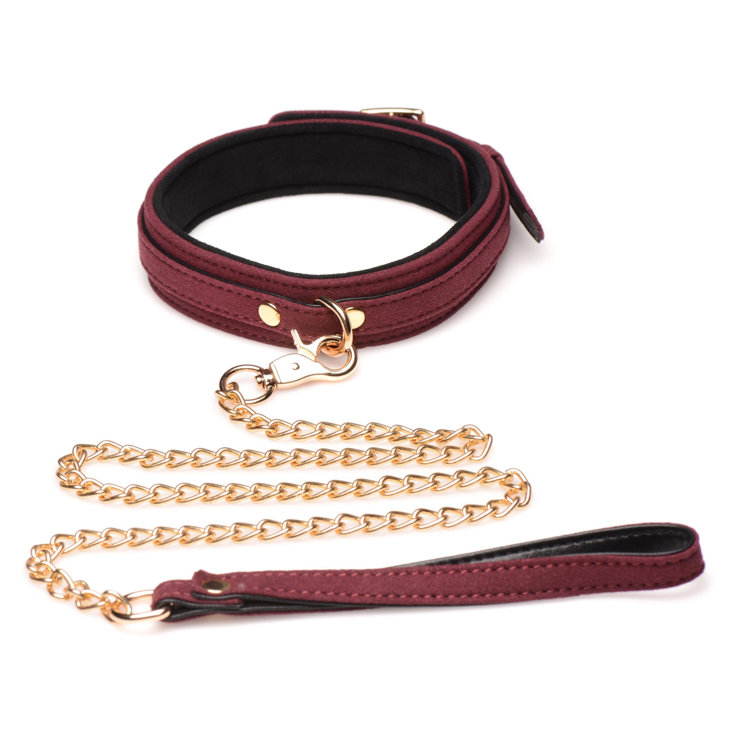 6 Piece Velvet Bondage Set featuring burgundy suede cuffs, collar, and golden leash, designed for sensual play and comfort.