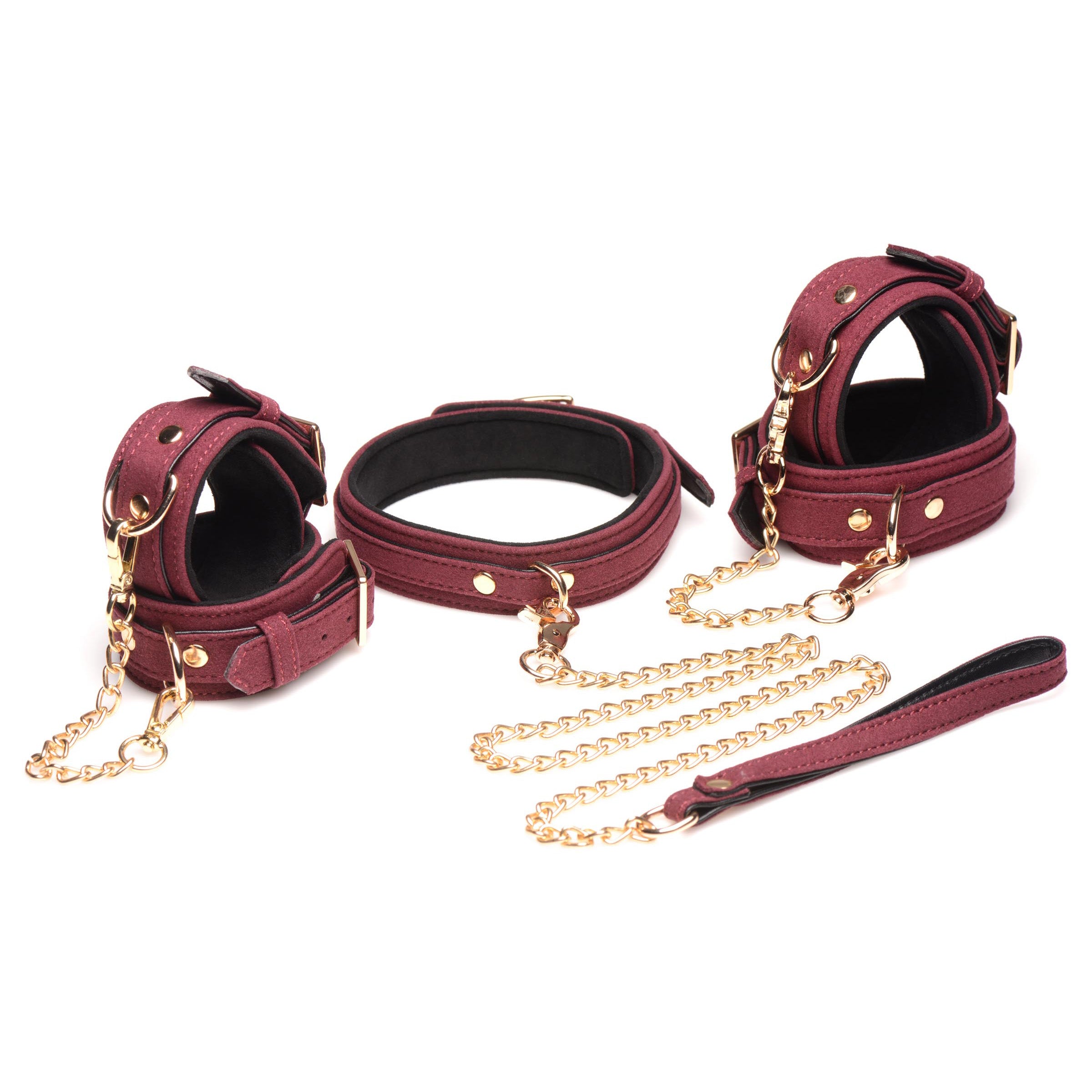 6 Piece Velvet Bondage Set featuring burgundy suede cuffs, collar, and golden leash, designed for sensual play and comfort.