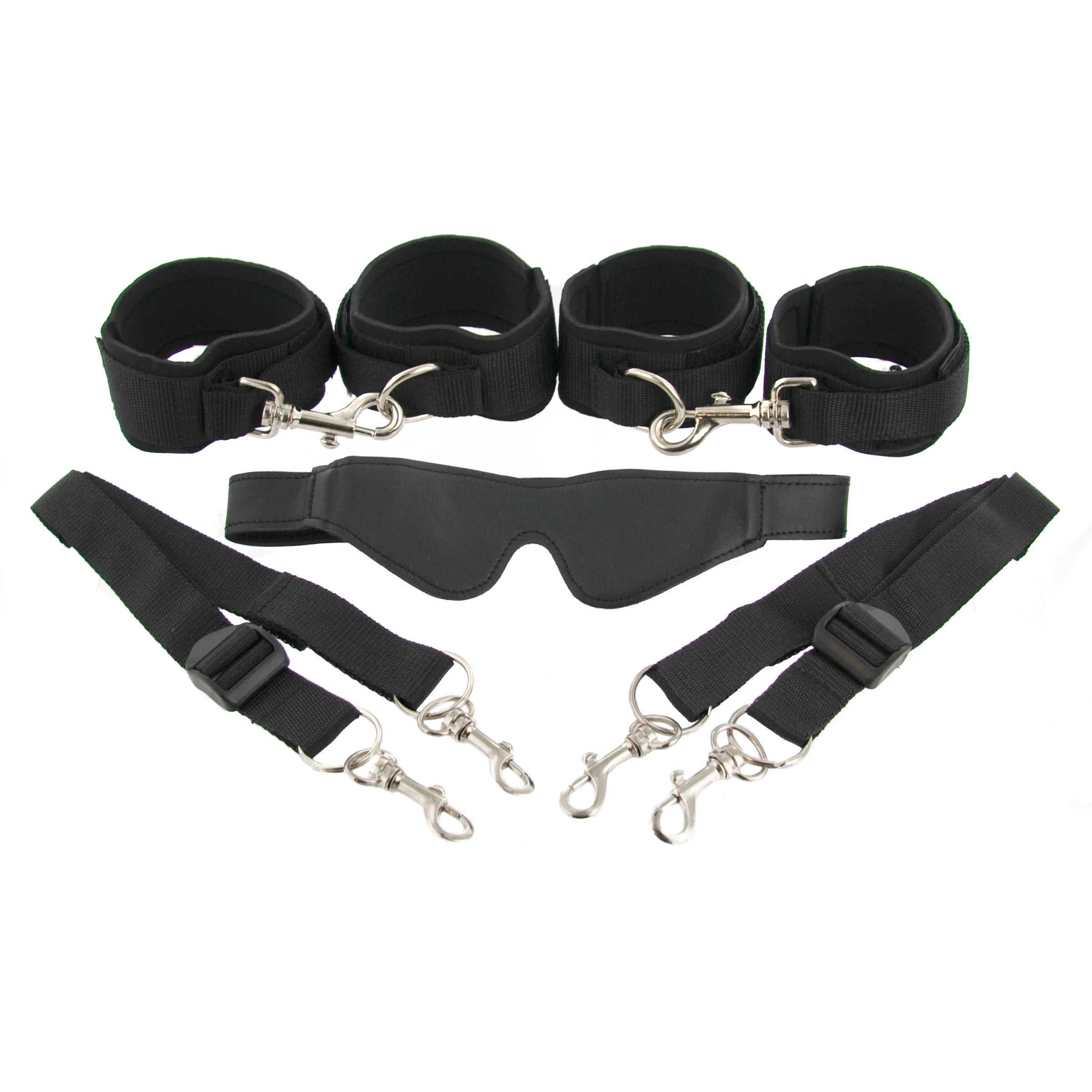 7 Piece Restraint System featuring leather blindfold, wrist and ankle cuffs, and tethers in black color.