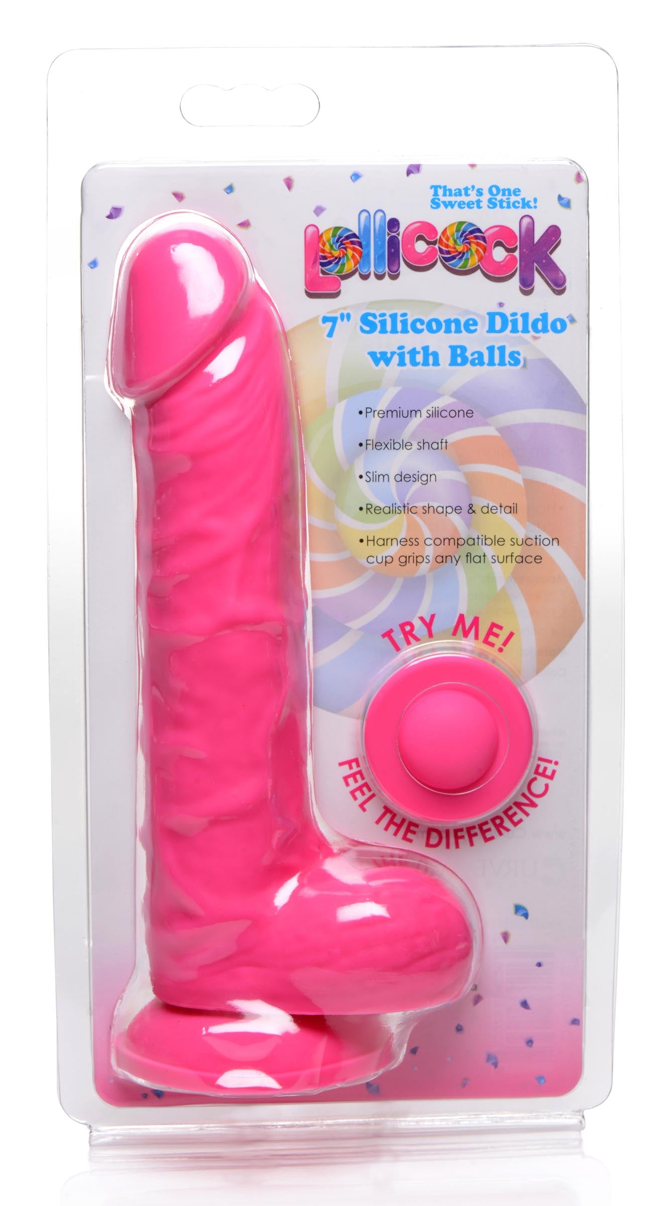 7-inch cherry silicone dildo with realistic veiny design and firm balls, perfect for hands-free use or partnered play.