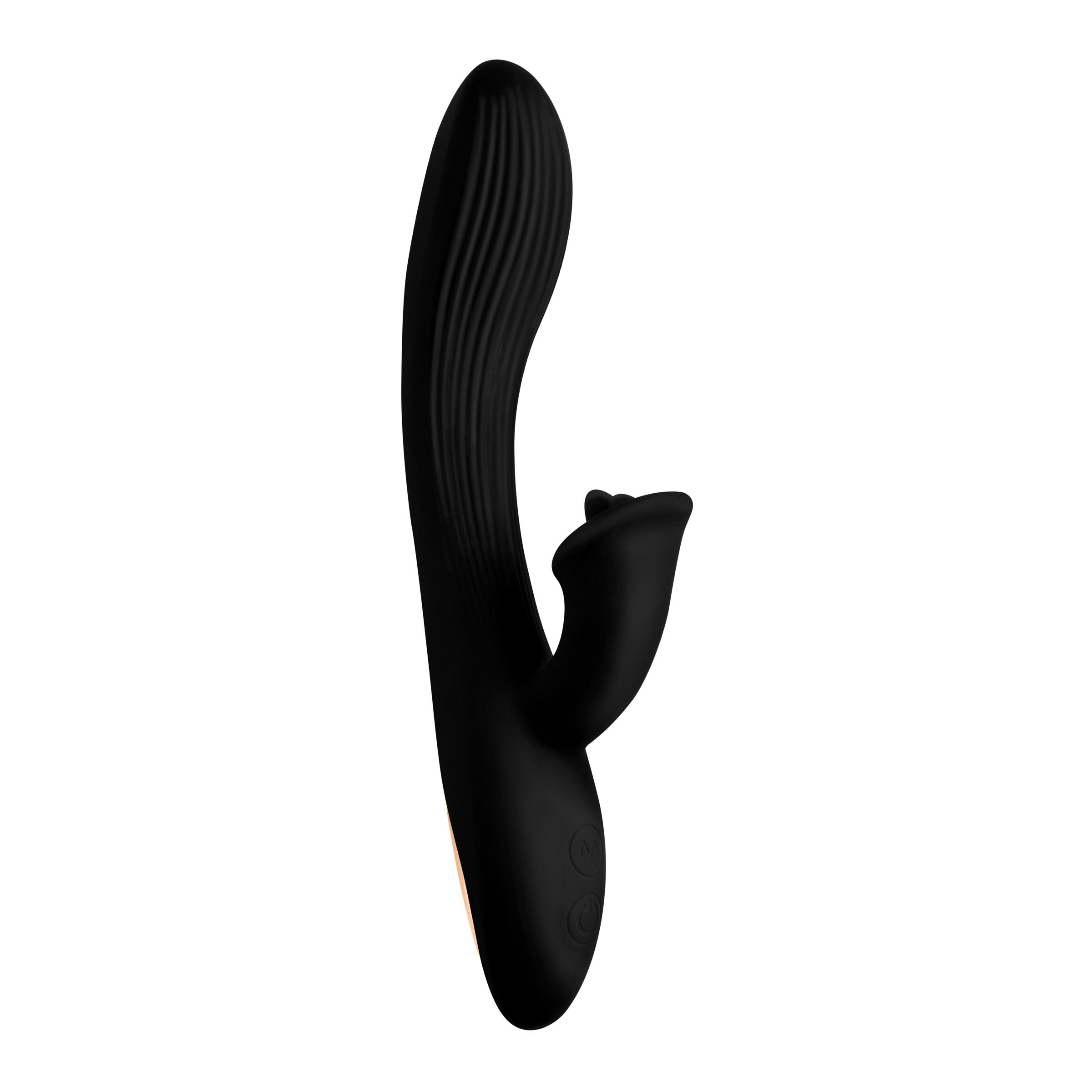 7X Bendable Silicone Clit Stimulating Vibrator in black, showcasing its flexible design and ergonomic controls.