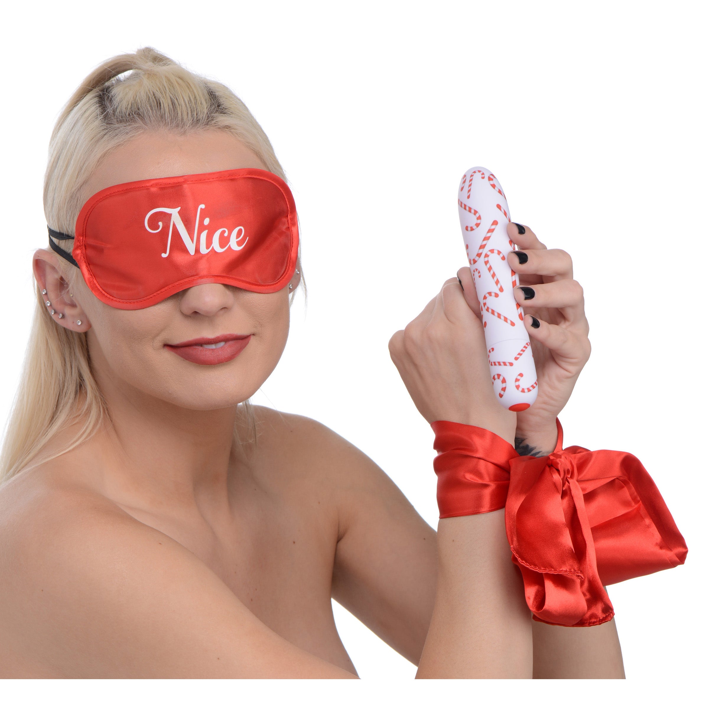 7X Naughty Holiday Kit featuring satin wrist ties, blindfold, and Extra Large Bullet vibe in red.