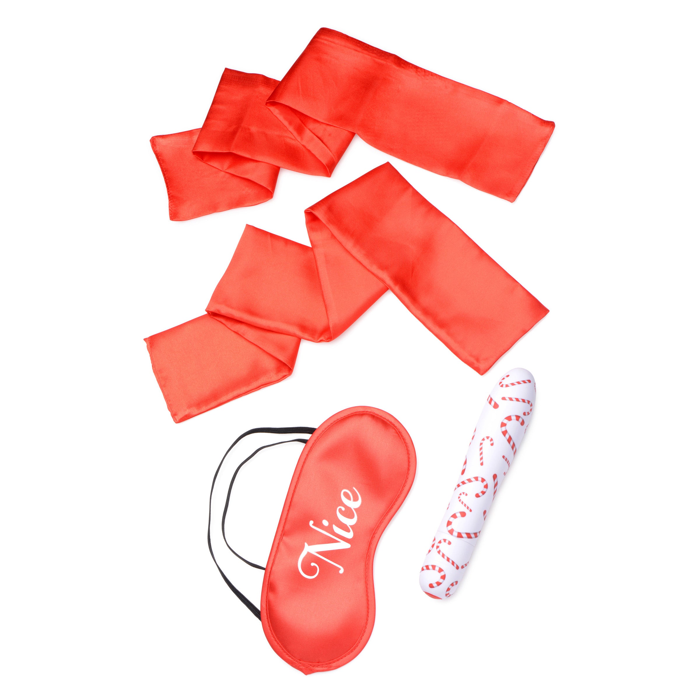 7X Naughty Holiday Kit featuring satin wrist ties, blindfold, and Extra Large Bullet vibe in red.