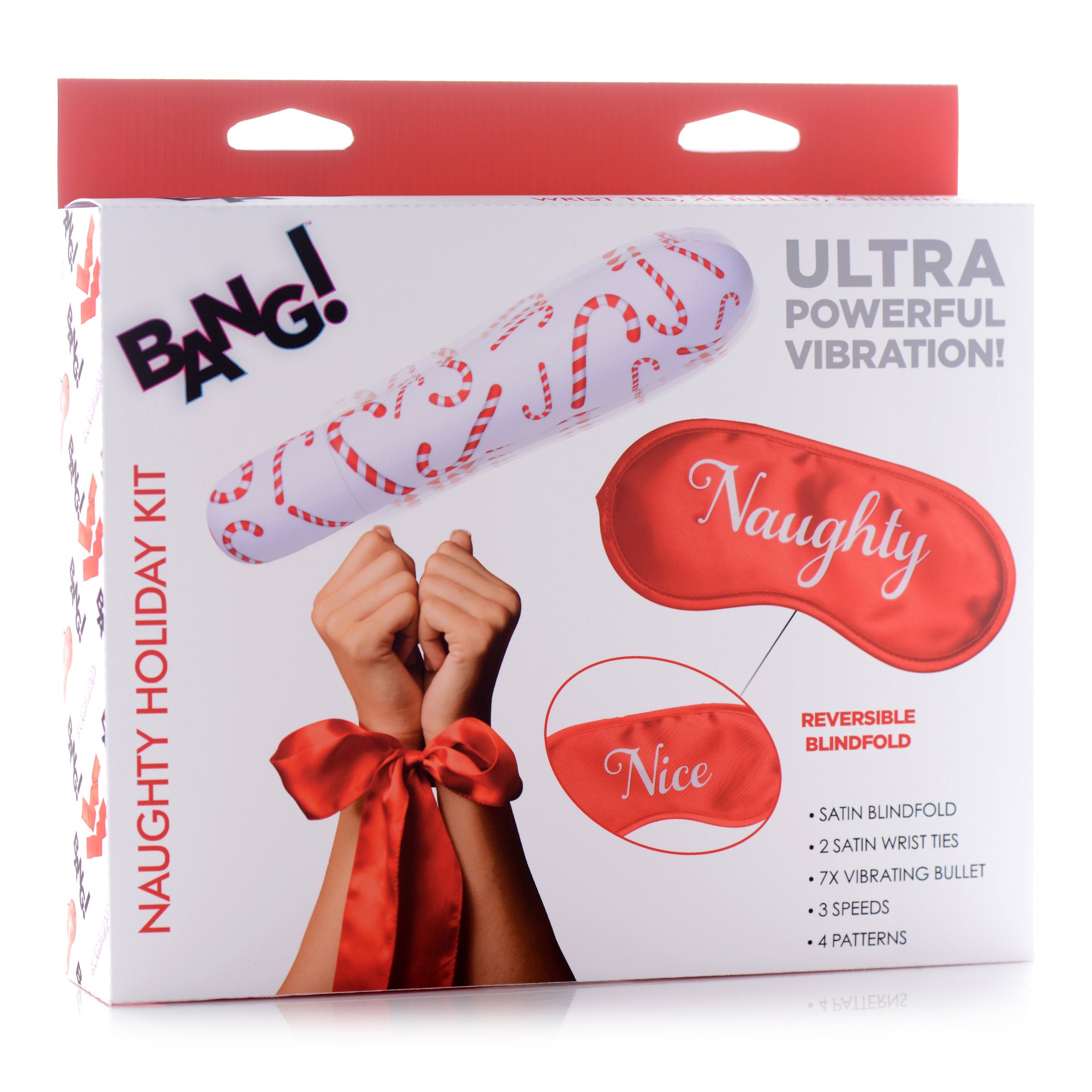 7X Naughty Holiday Kit featuring satin wrist ties, blindfold, and Extra Large Bullet vibe in red.