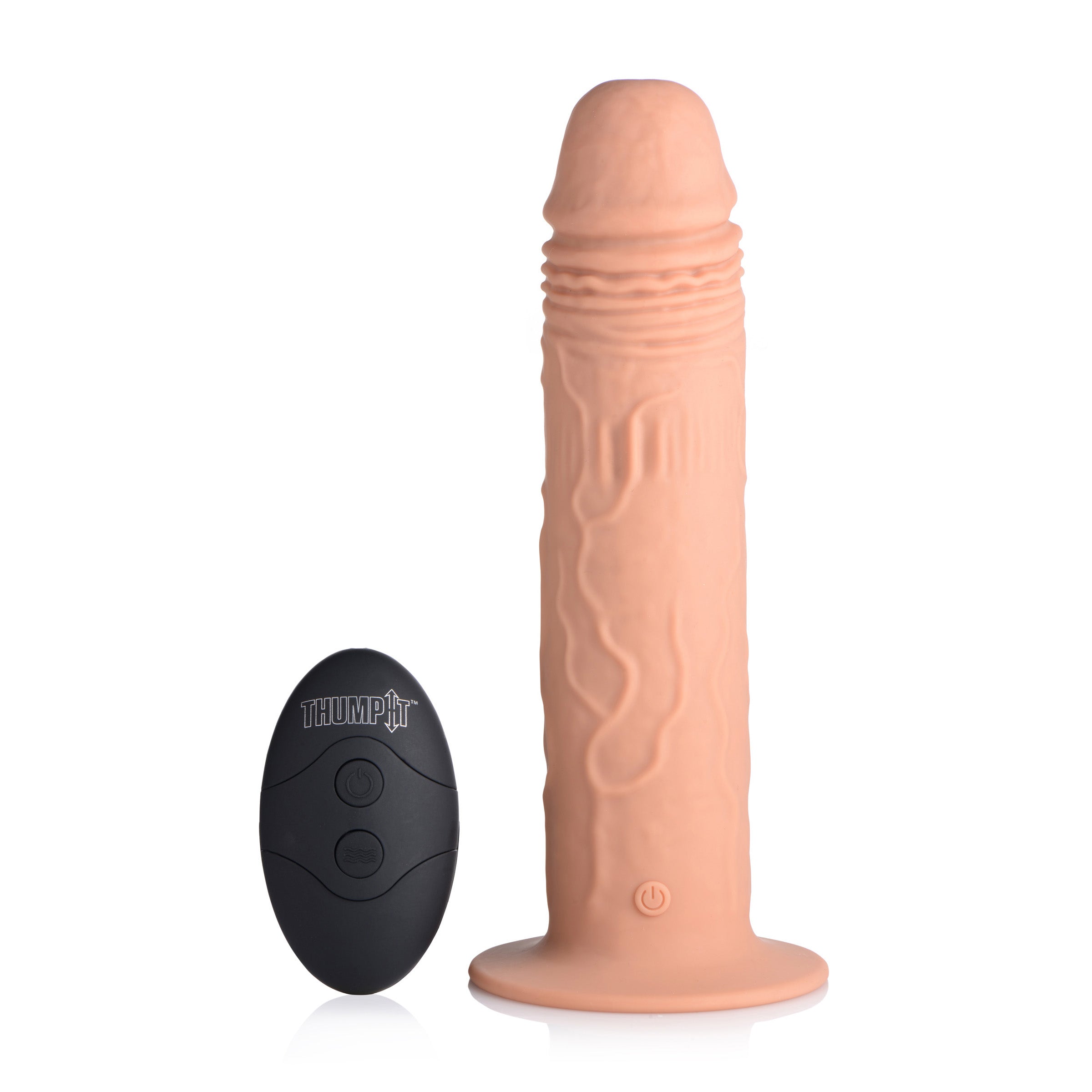 7X Remote Control Vibrating & Thumping Dildo in medium size, showcasing its realistic design and suction cup base.