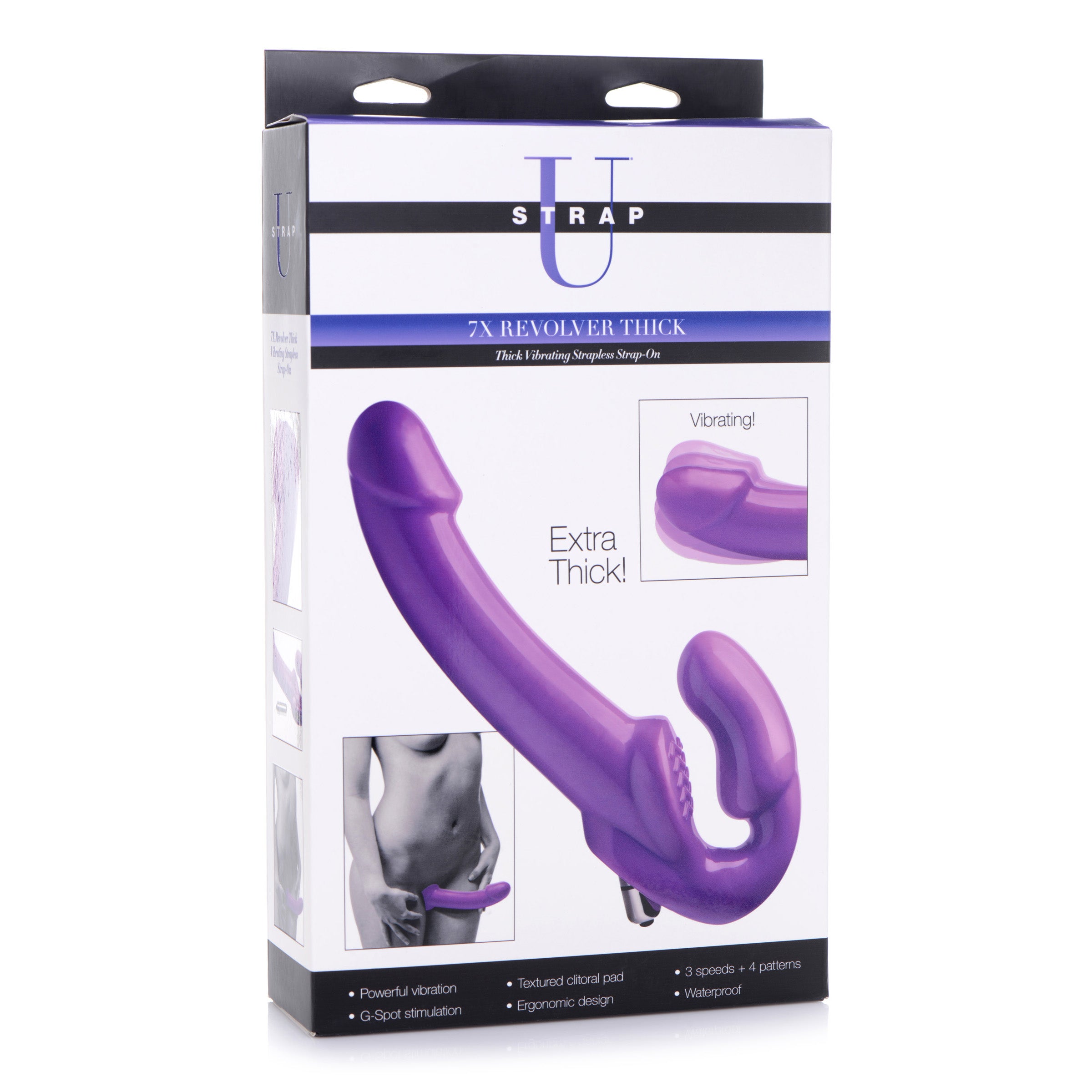 7X Revolver 2 Inch Thick Vibrating Strapless Strap-On in purple, showcasing its long shaft and vaginal bulb design for enhanced pleasure.