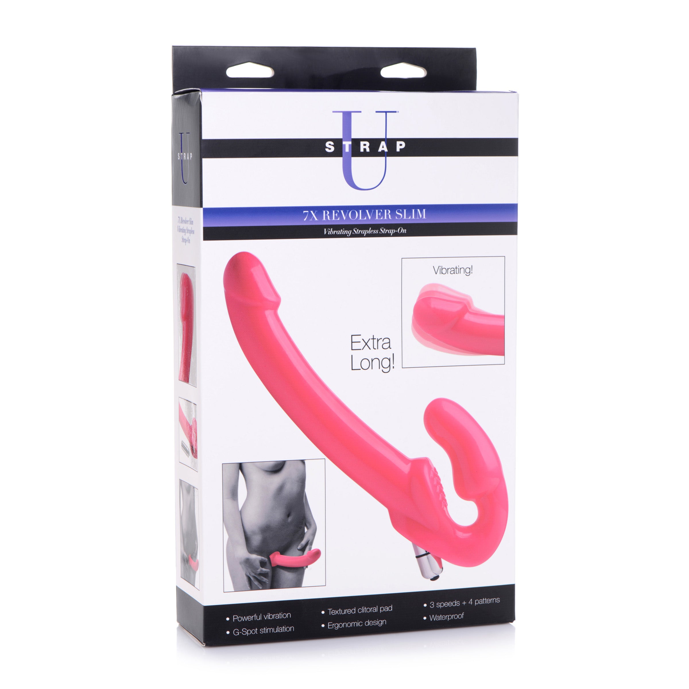 7X Revolver Slim 8 Inch Vibrating Strapless Strap-on in pink, showcasing its long shaft and vaginal bulb for harness-free pleasure.