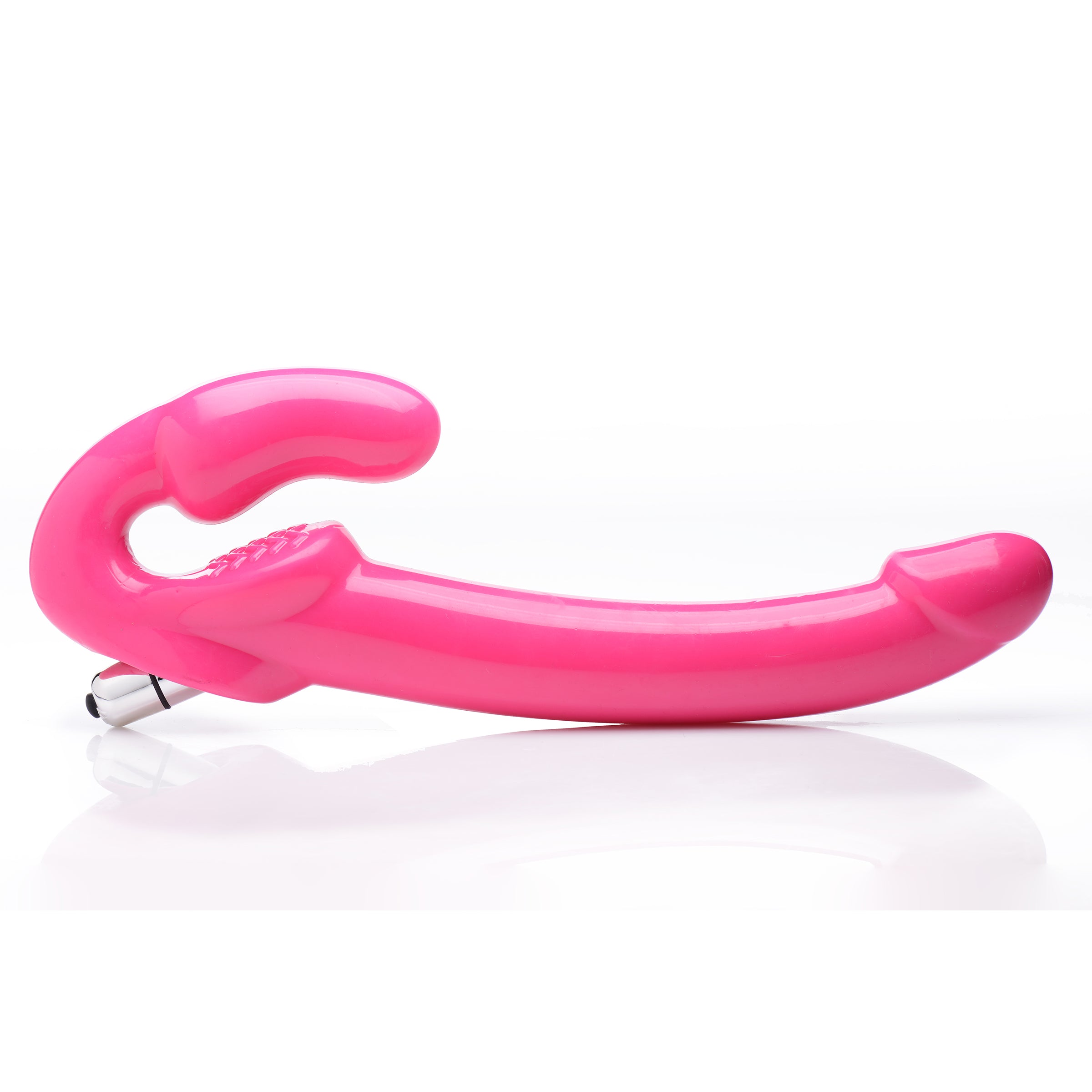 7X Revolver Slim 8 Inch Vibrating Strapless Strap-on in pink, showcasing its long shaft and vaginal bulb for harness-free pleasure.