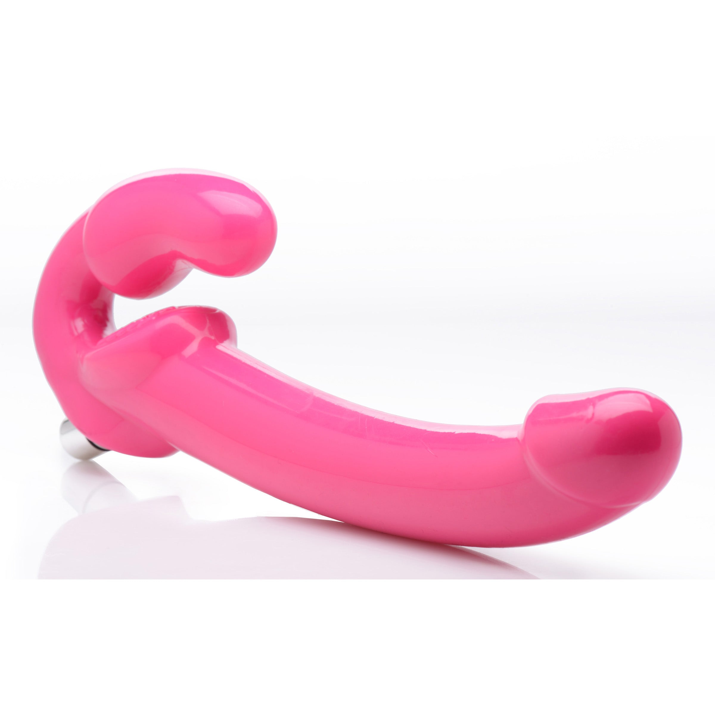 7X Revolver Slim 8 Inch Vibrating Strapless Strap-on in pink, showcasing its long shaft and vaginal bulb for harness-free pleasure.