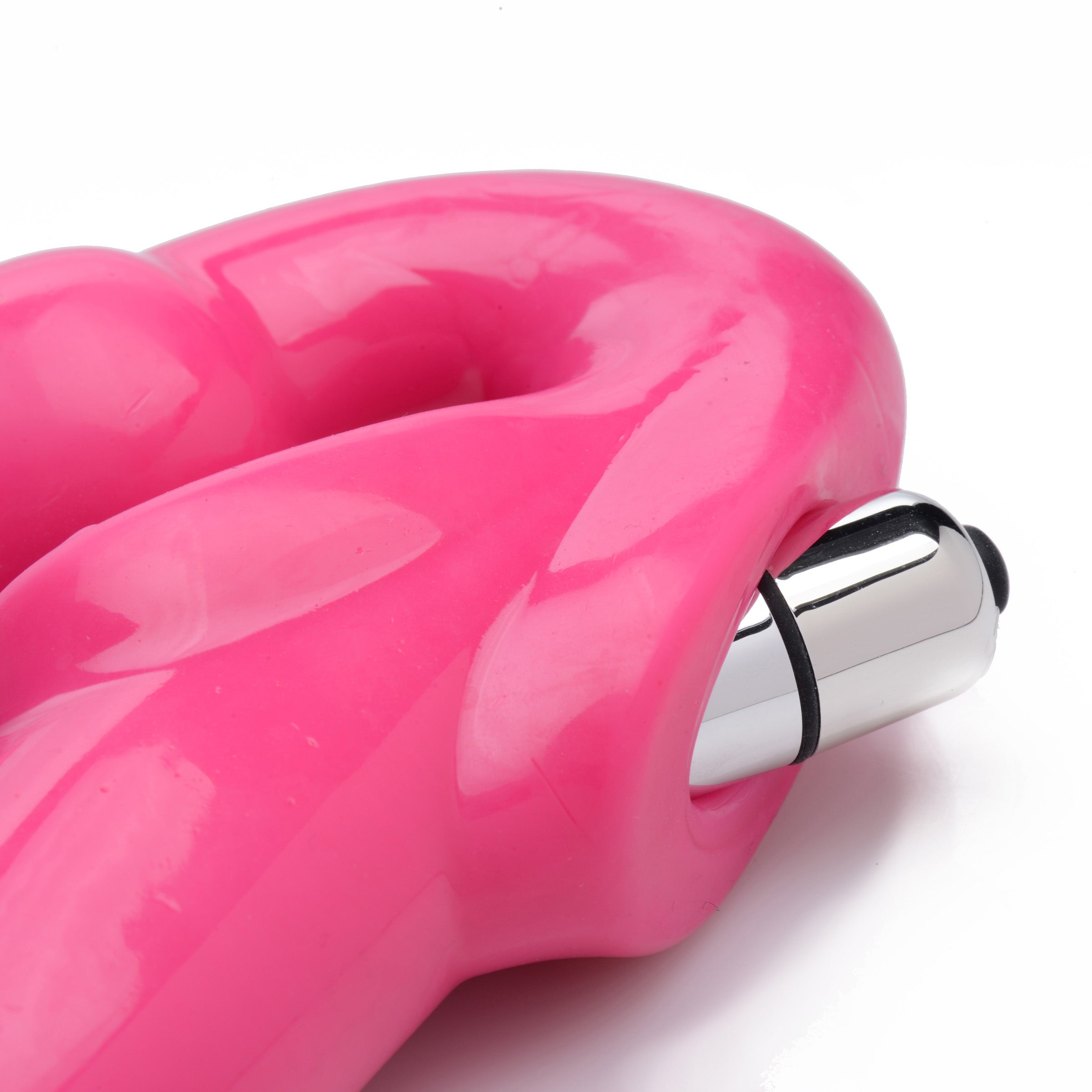 7X Revolver Slim 8 Inch Vibrating Strapless Strap-on in pink, showcasing its long shaft and vaginal bulb for harness-free pleasure.