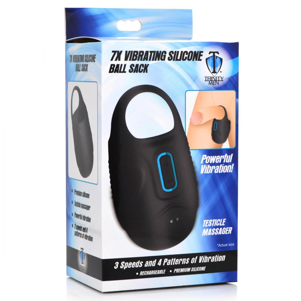 7X Vibrating Silicone Ball Sack in black, designed for ball stimulation with a sleek and stretchy silicone material.